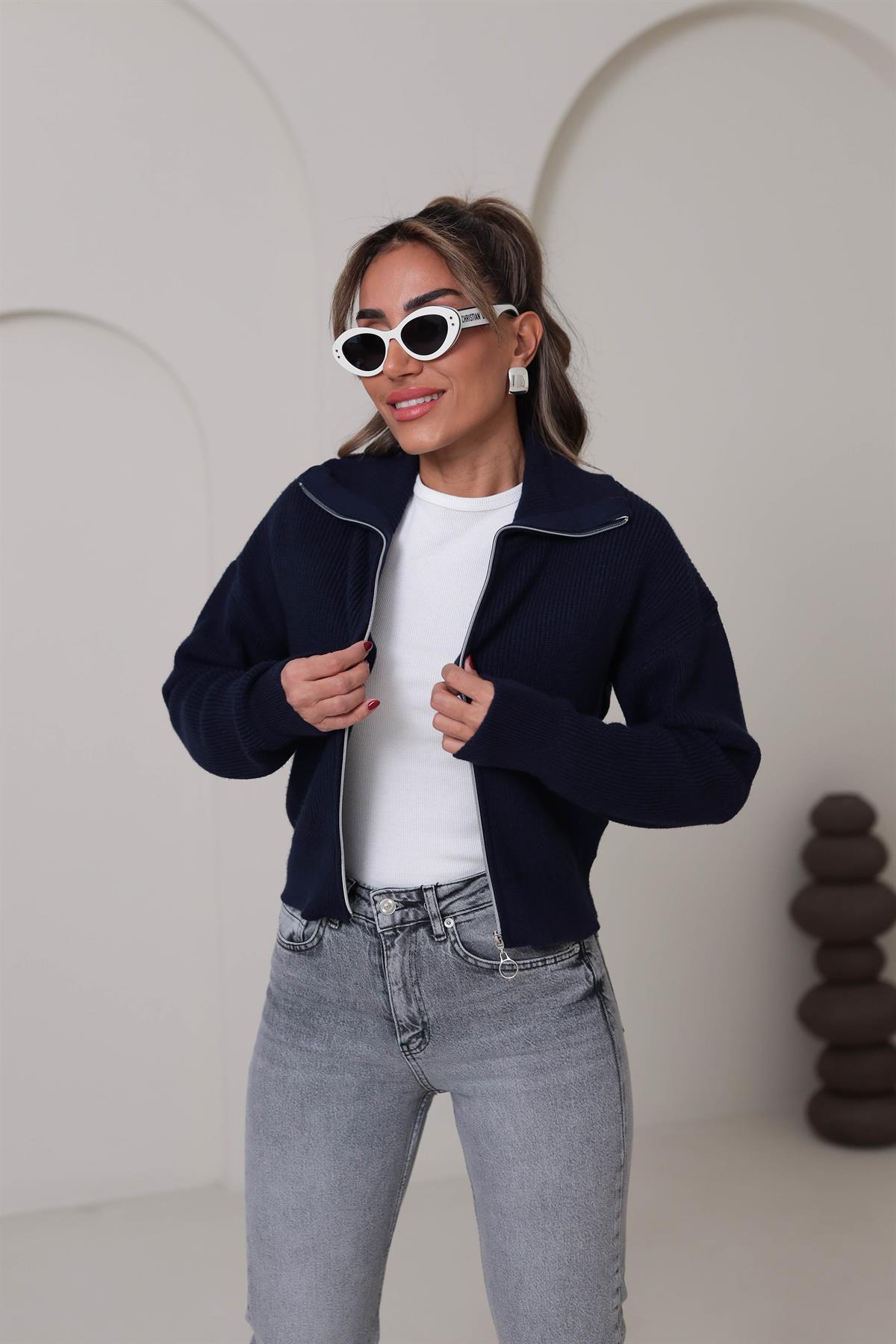 1054 Fermuarlı Yakalı Hırka LACİVERT