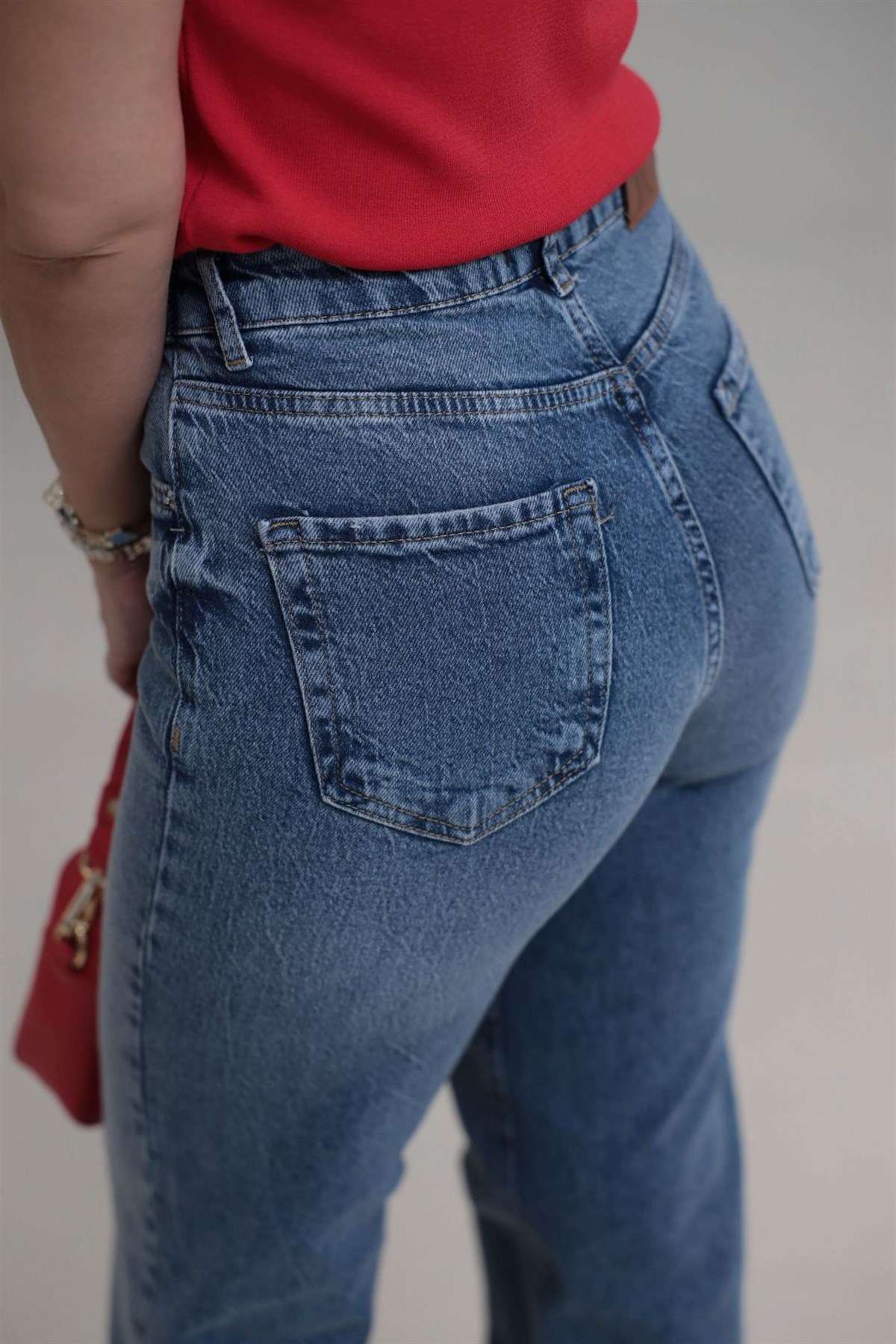 1035 Asimetrik Kemerli Denim Pantolon MAVİ