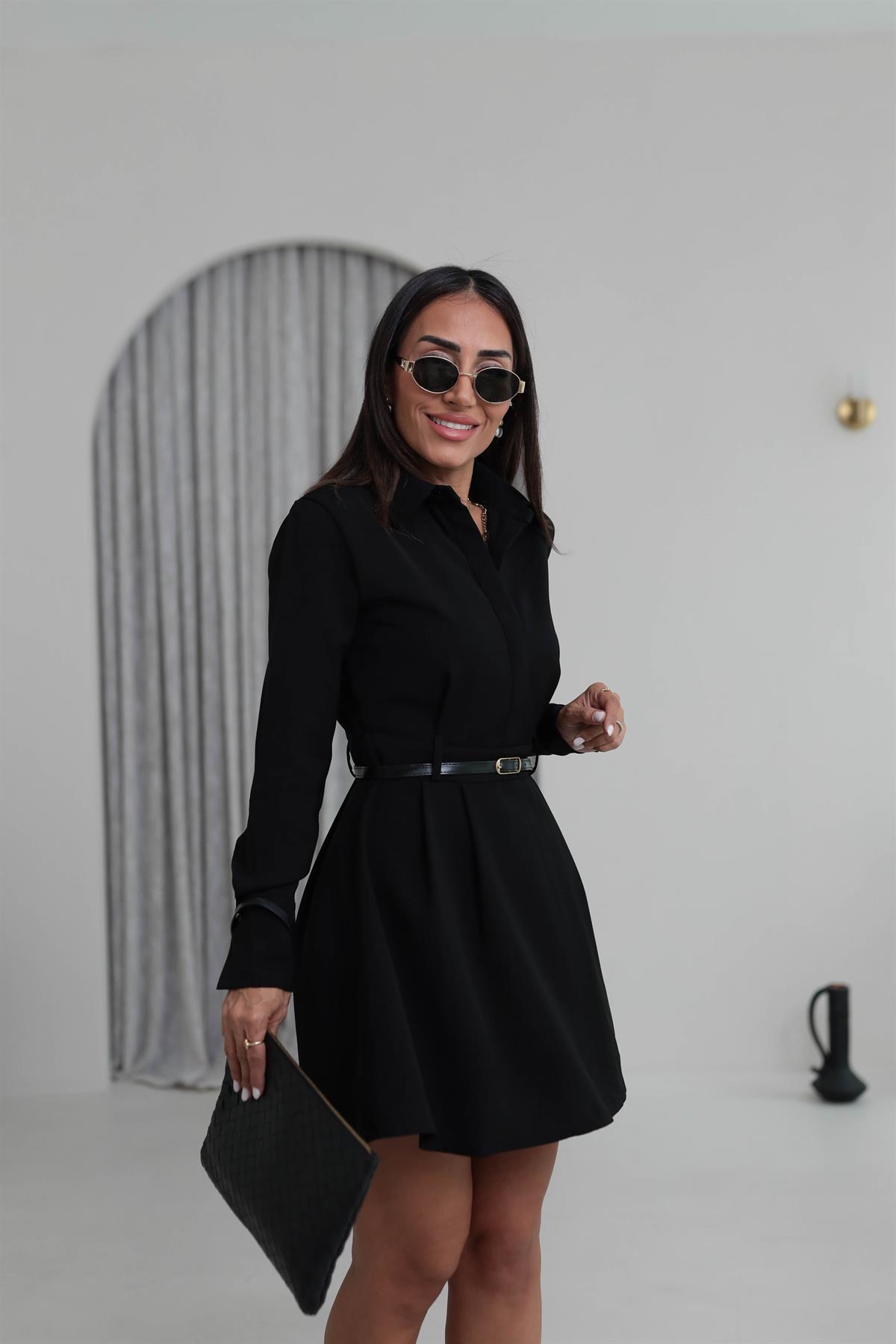 8171 Pensli Kemerli Gömlek Elbise SİYAH