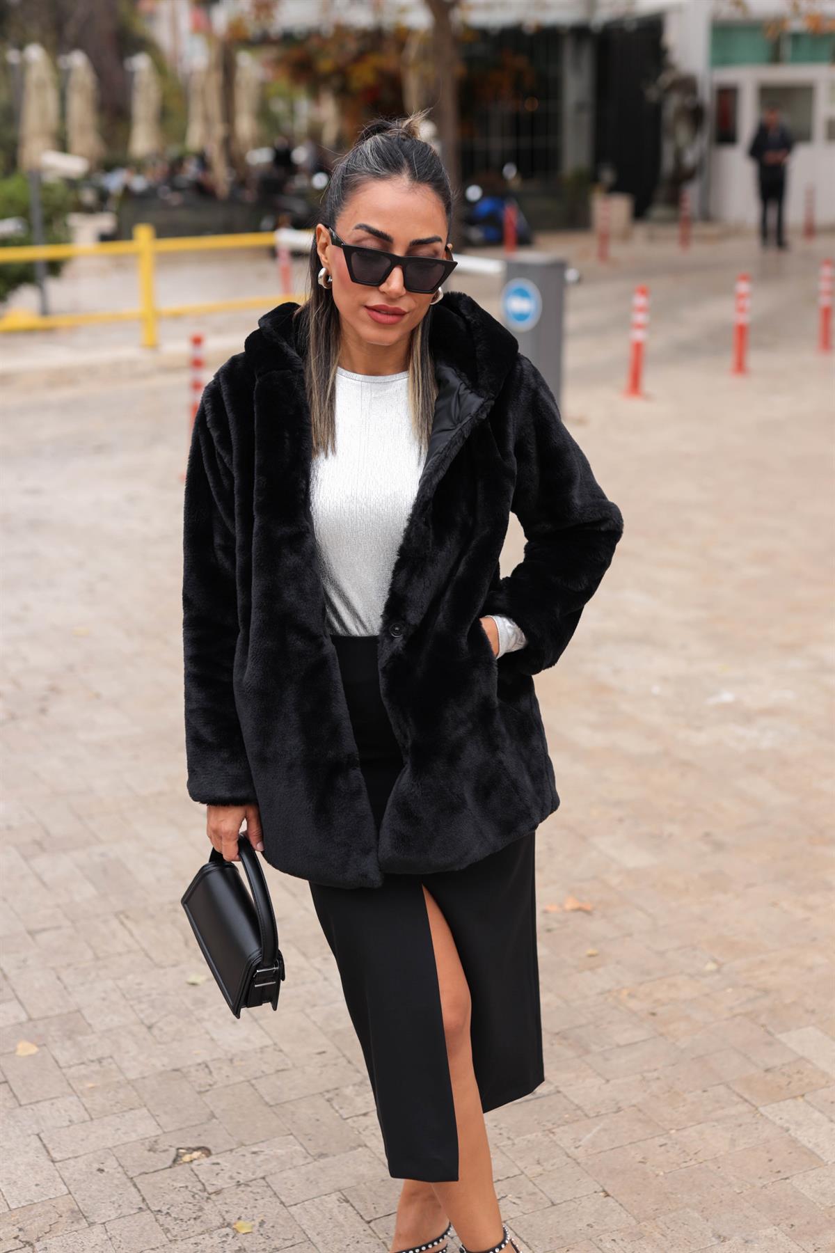 Kapşonlu Uzun Suni Kürk SİYAH