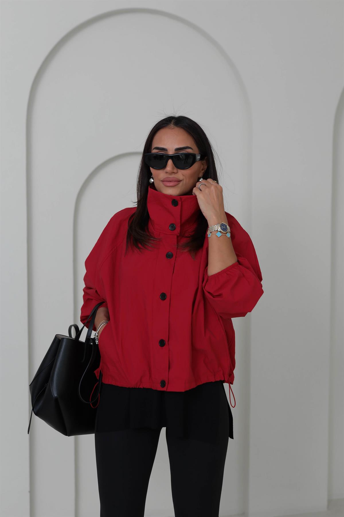 6721 Dik Yaka Düğmeli Fermuarlı Bomber Ceket KIRMIZI