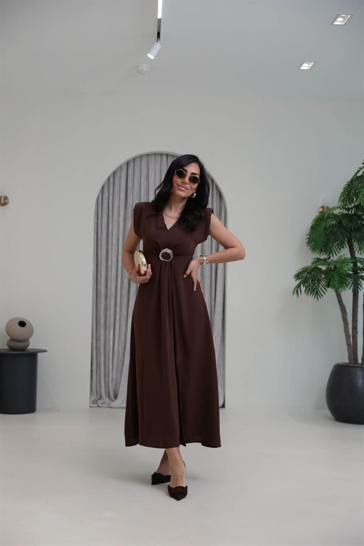 3865 V Yaka Gold Tokalı Maxi Elbise KAHVE
