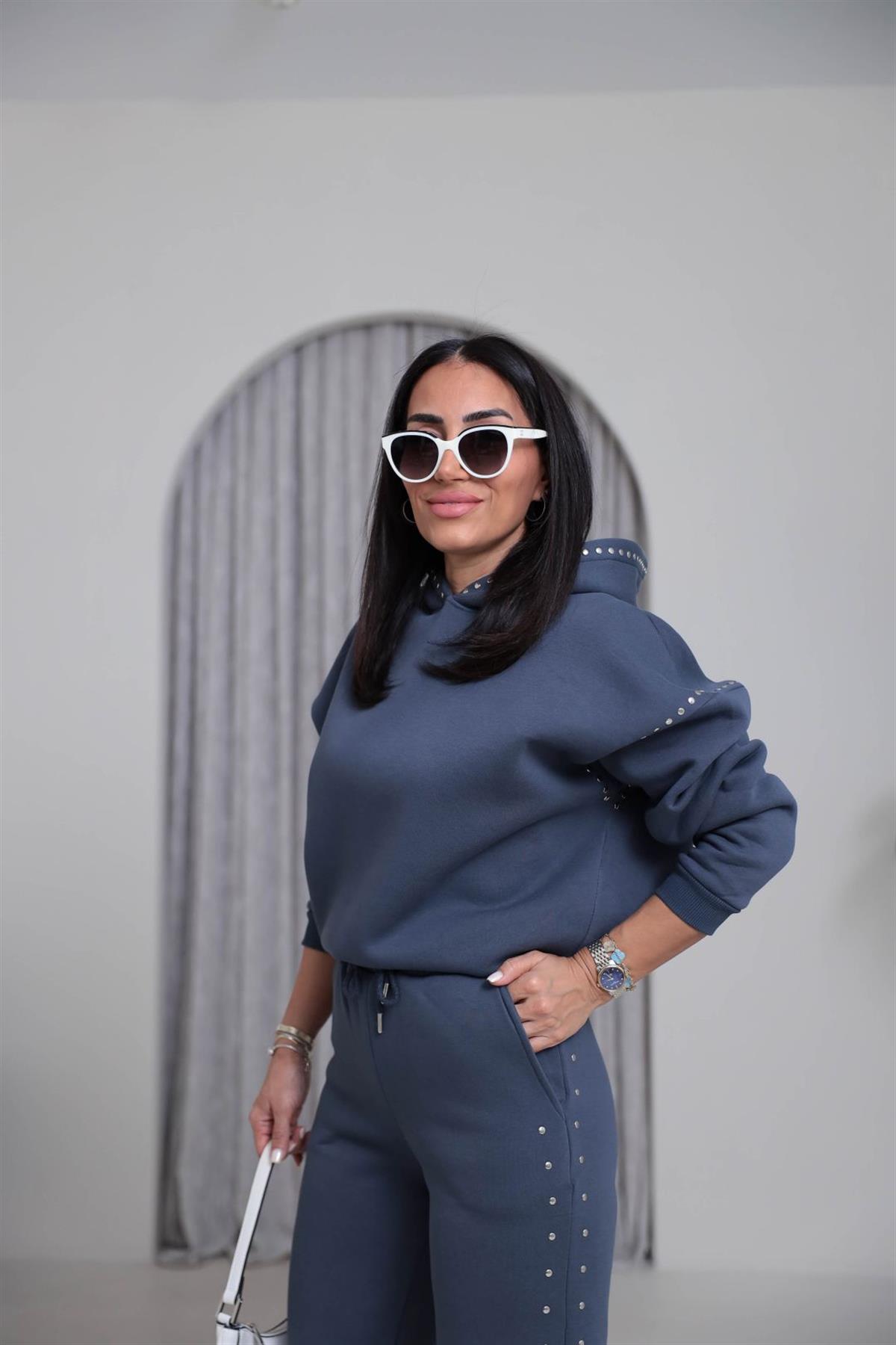 4229 Kapüşonlu Zımba Detaylı Şardonlu Takım ANTRASİT