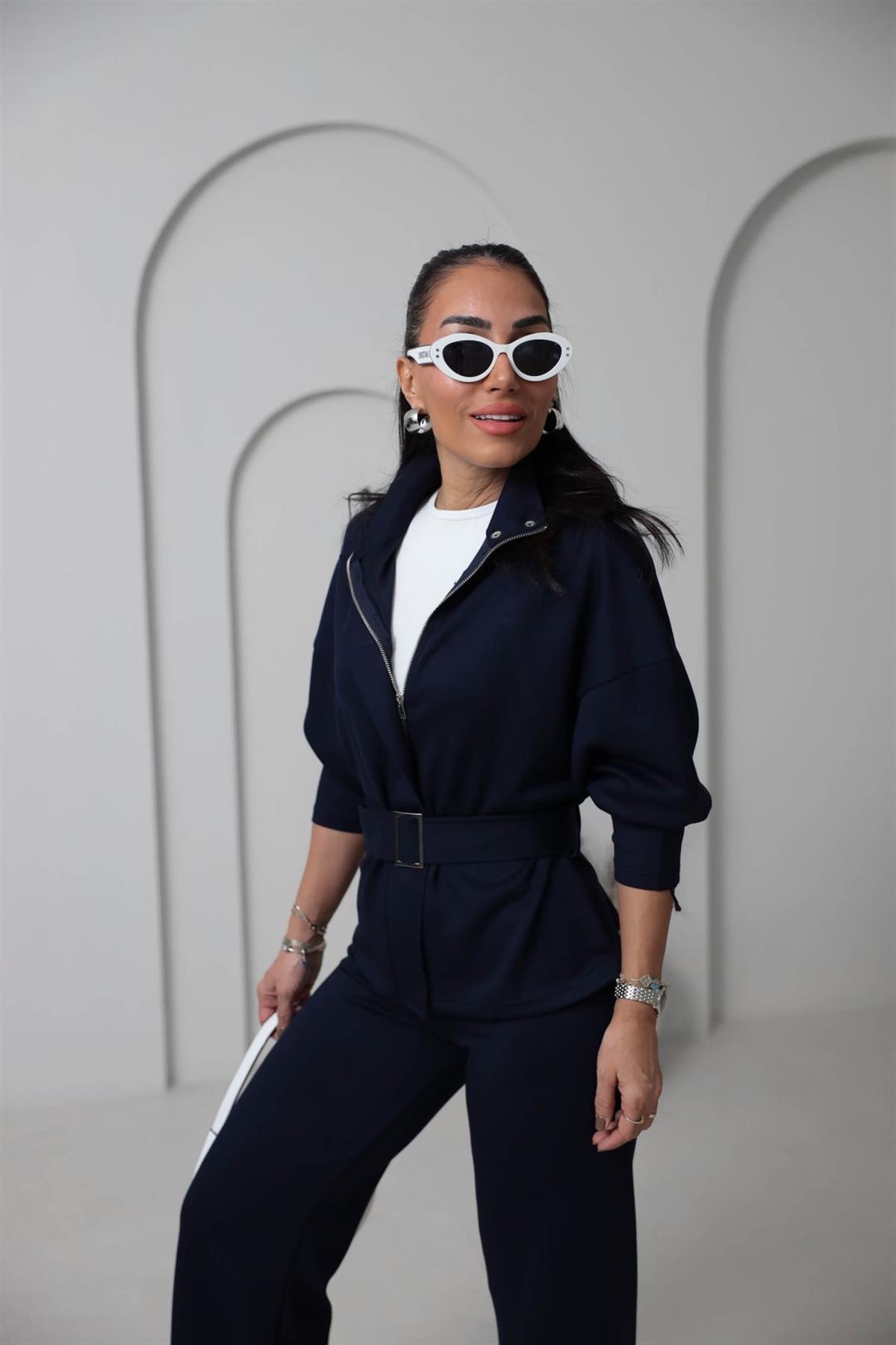 8616 Fermuarlı Kuşaklı Çıtçıt Detaylı Modal Takım LACİVERT