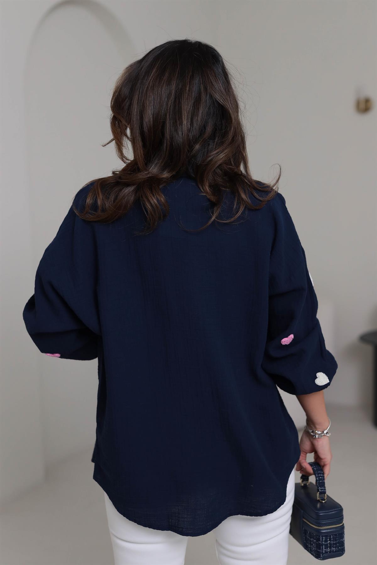 7930 Kalpli Kol Lastikli Müslin Kumaş Gömlek LACİVERT