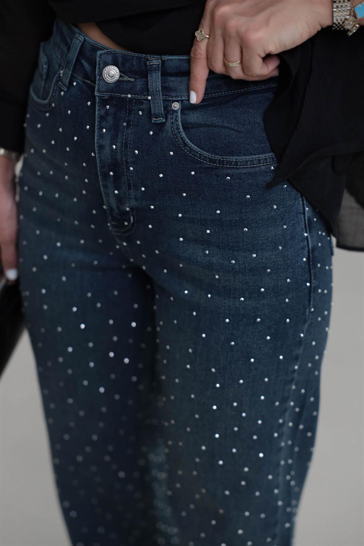 1071T Serpme Taşlı Likralı Palazzo Jean KOYU TİNTLİ