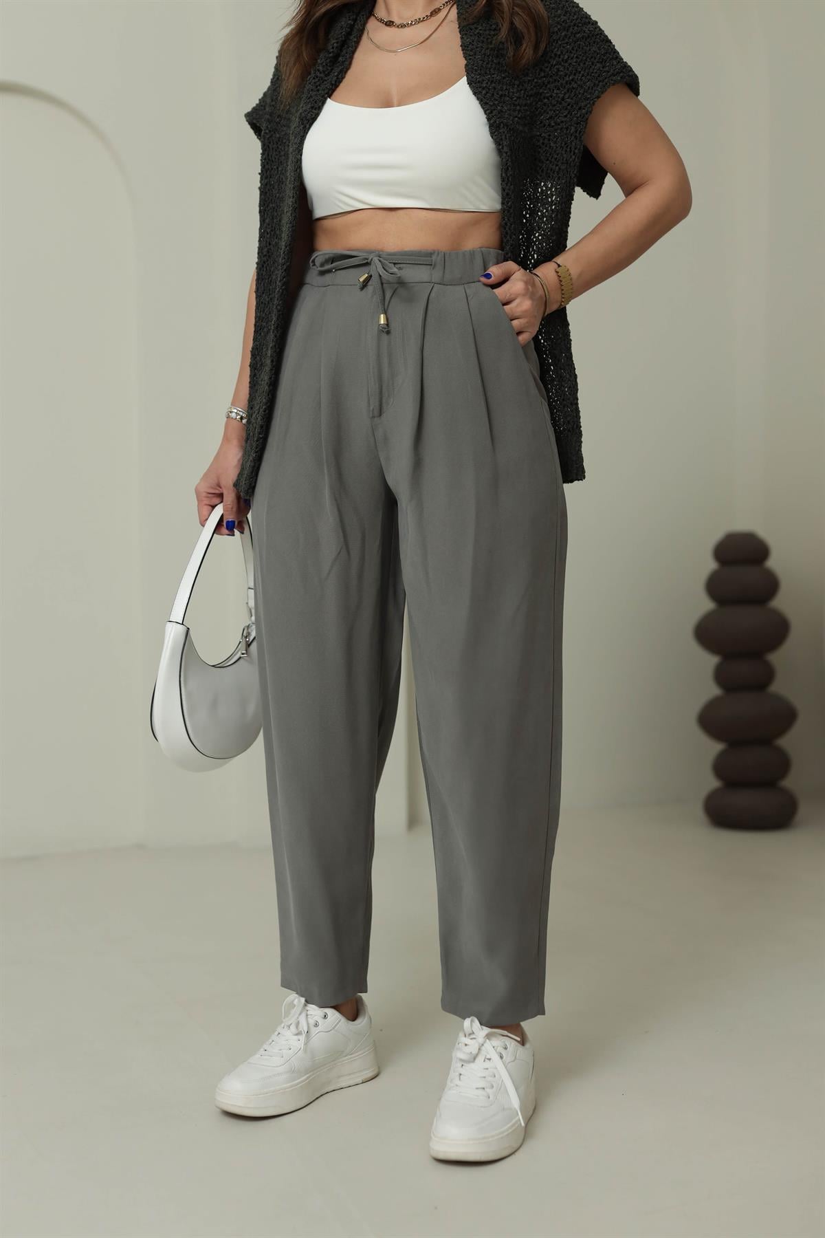 0266 Önden Bağcıklı Tencel Kumaş Havuç Pantalon HAKİ YEŞİL