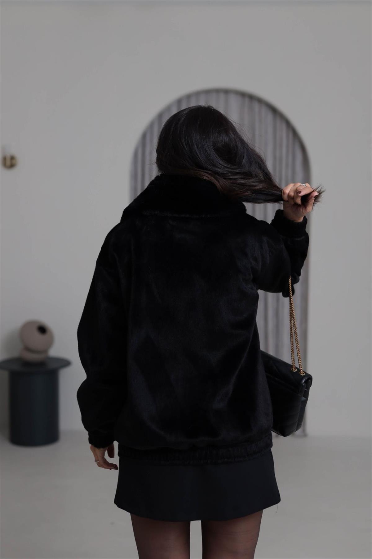 0099 Yaka Kürklü Alpaka Kaban SİYAH