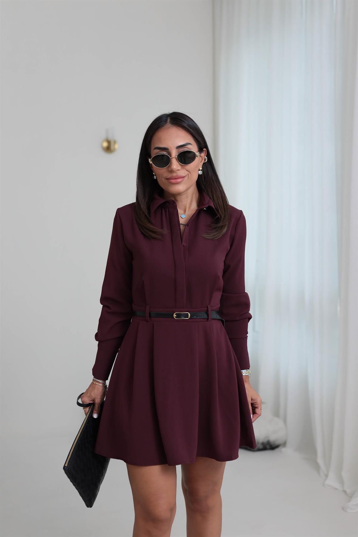 8171 Pensli Kemerli Gömlek Elbise BORDO