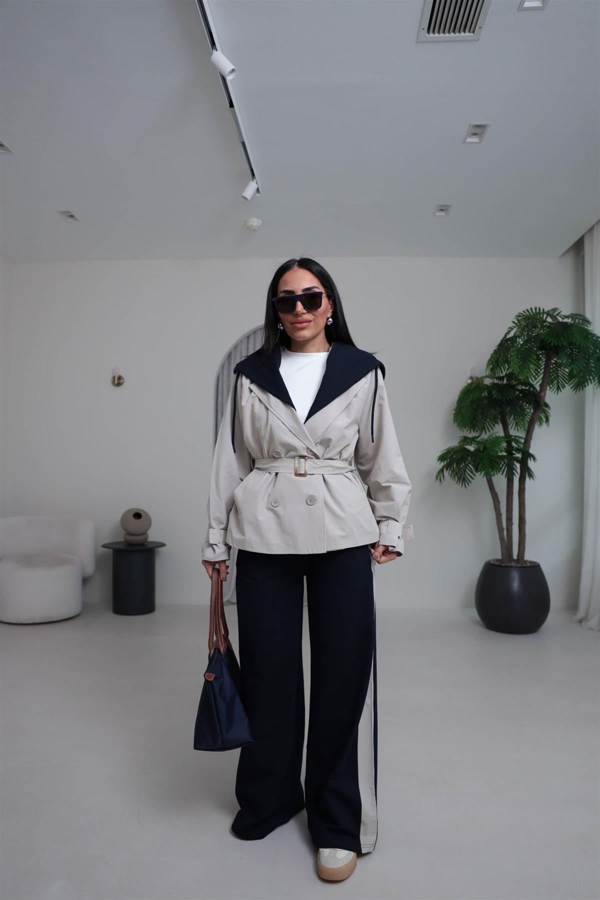 6984 Çıkarılabilir Kapşonlu Trençli Eşofman Takımı BEJ