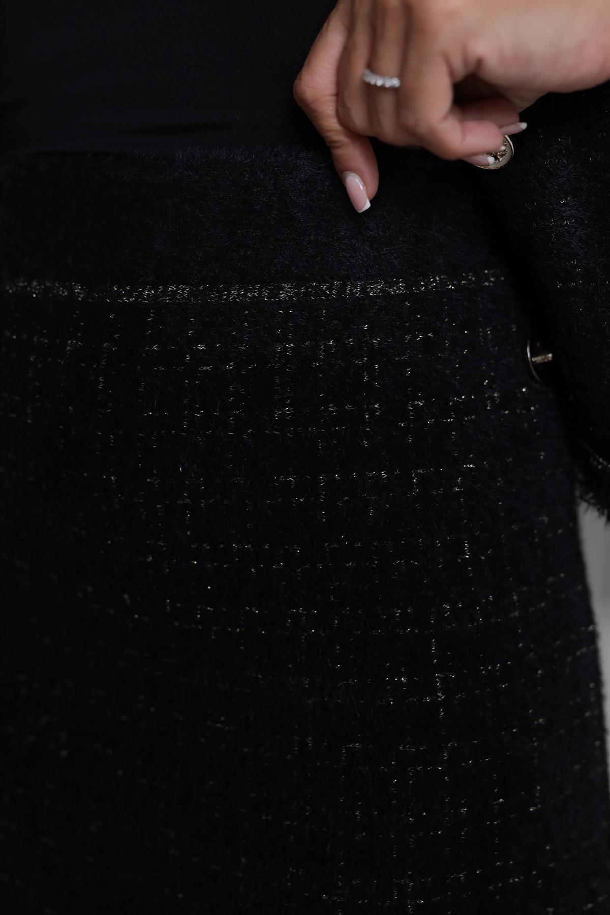 0420 Püskül ve Sim Detaylı Angora Etek SİYAH