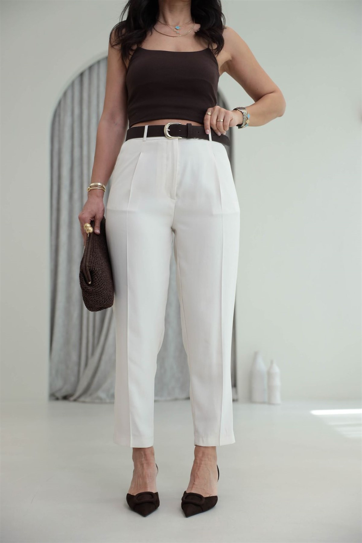 7544 Kemer Detaylı Tencel Kumaş Smart Pantolon KREM