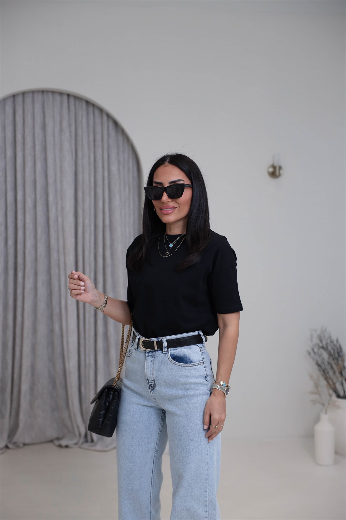 3683Y Bisiklet Yaka Pamuklu Basic Tshirt SİYAH