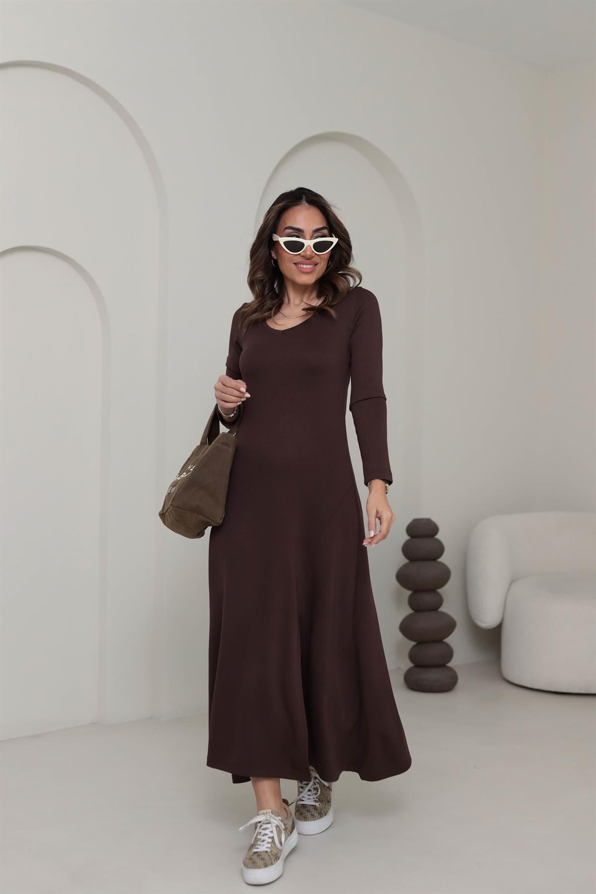 1327 U Yaka Uzun Kol Modal Penye Elbise KAHVE