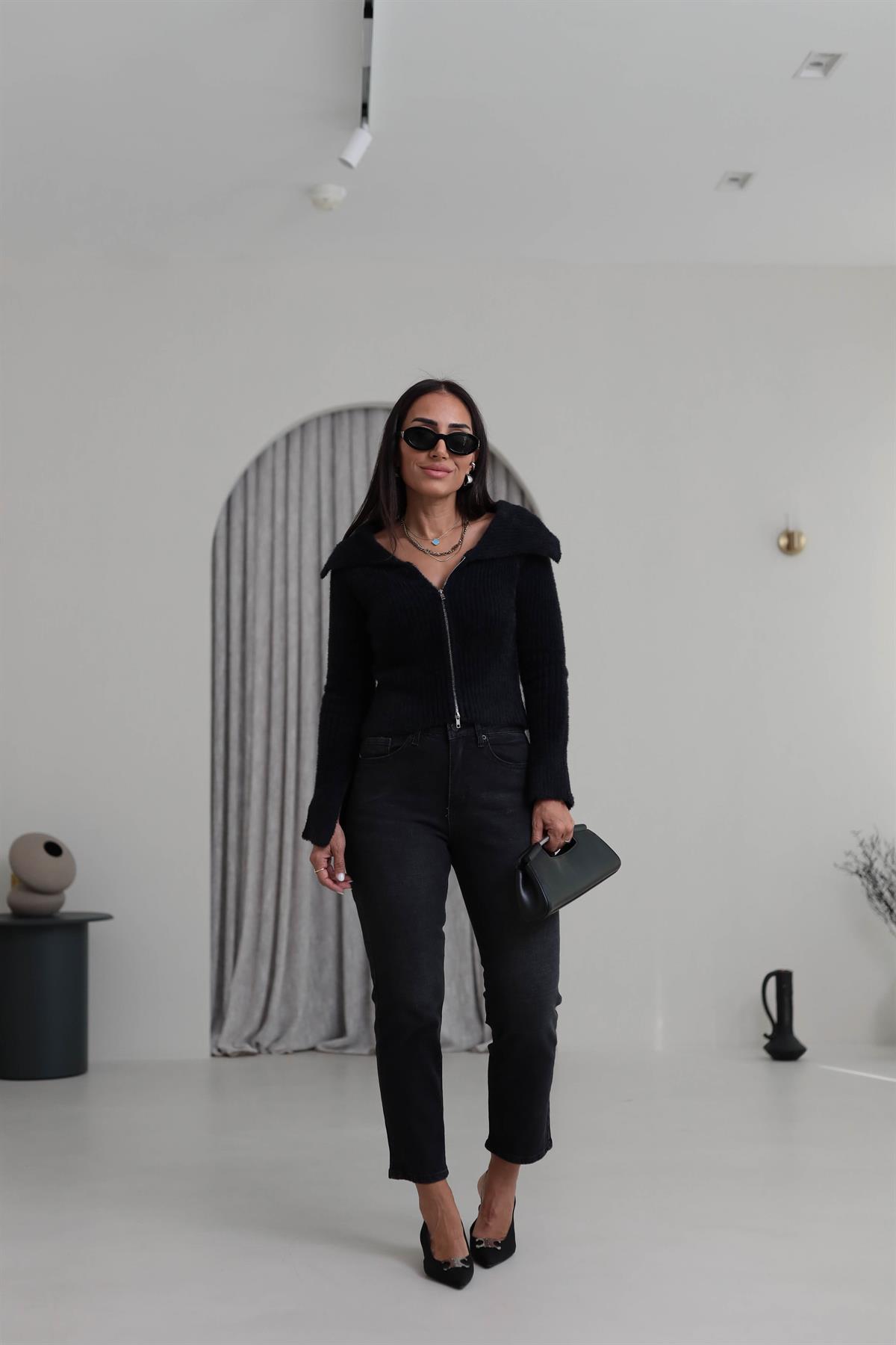 4952 Çift Fermuarlı Kol Yırtmaçlı Triko Hırka Bluz SİYAH