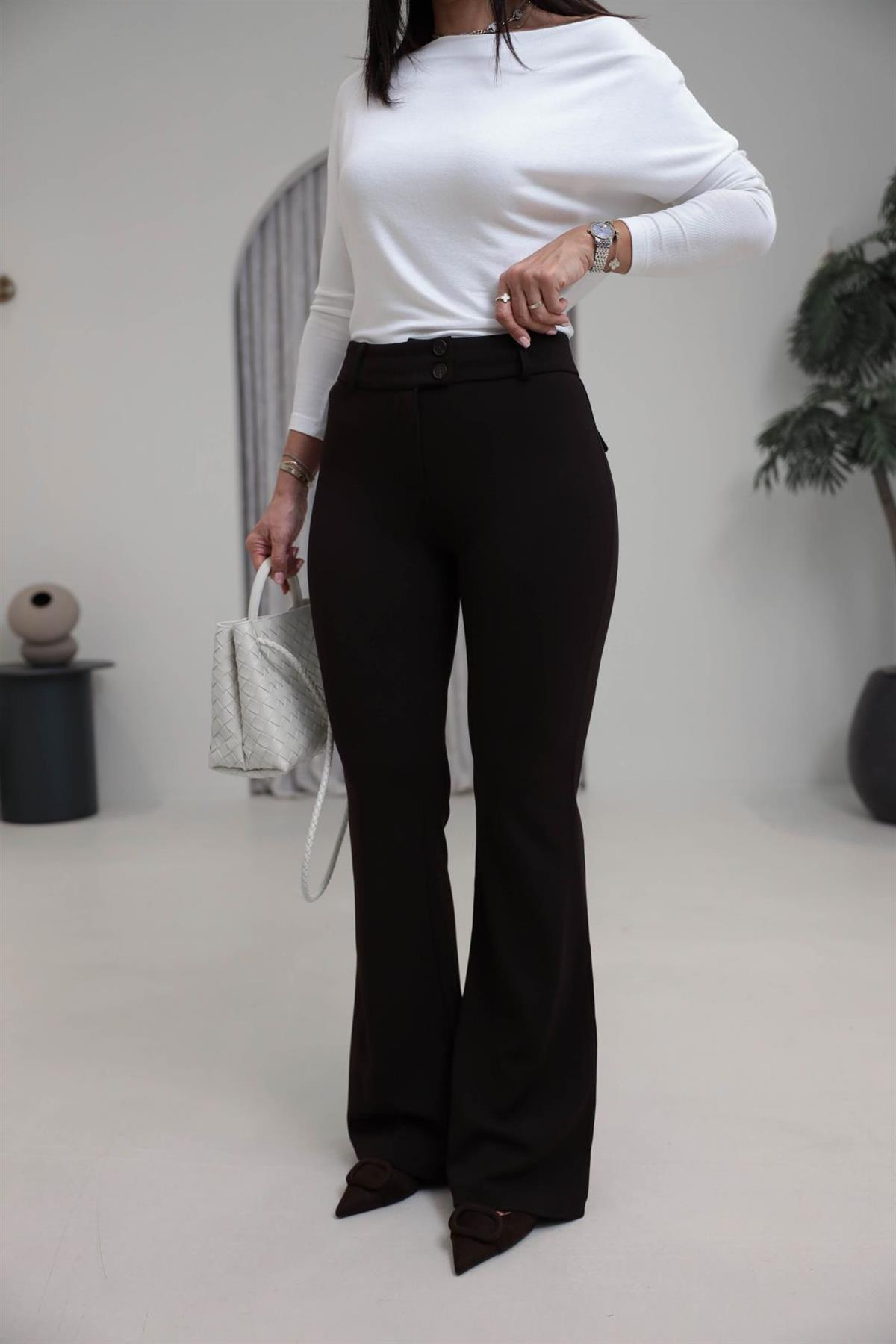 4094 Korsajlı Likralı Flare Pantolon KAHVE