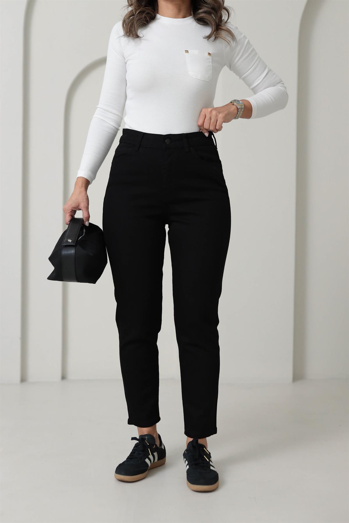 1002 Mom Fit Likralı Jean SİYAH