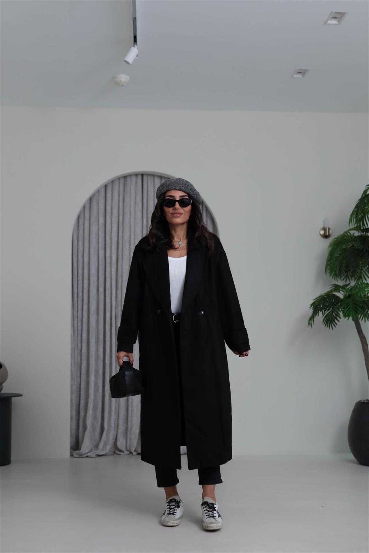 9516 Kruvaze Yaka Kaşe Kaban SİYAH