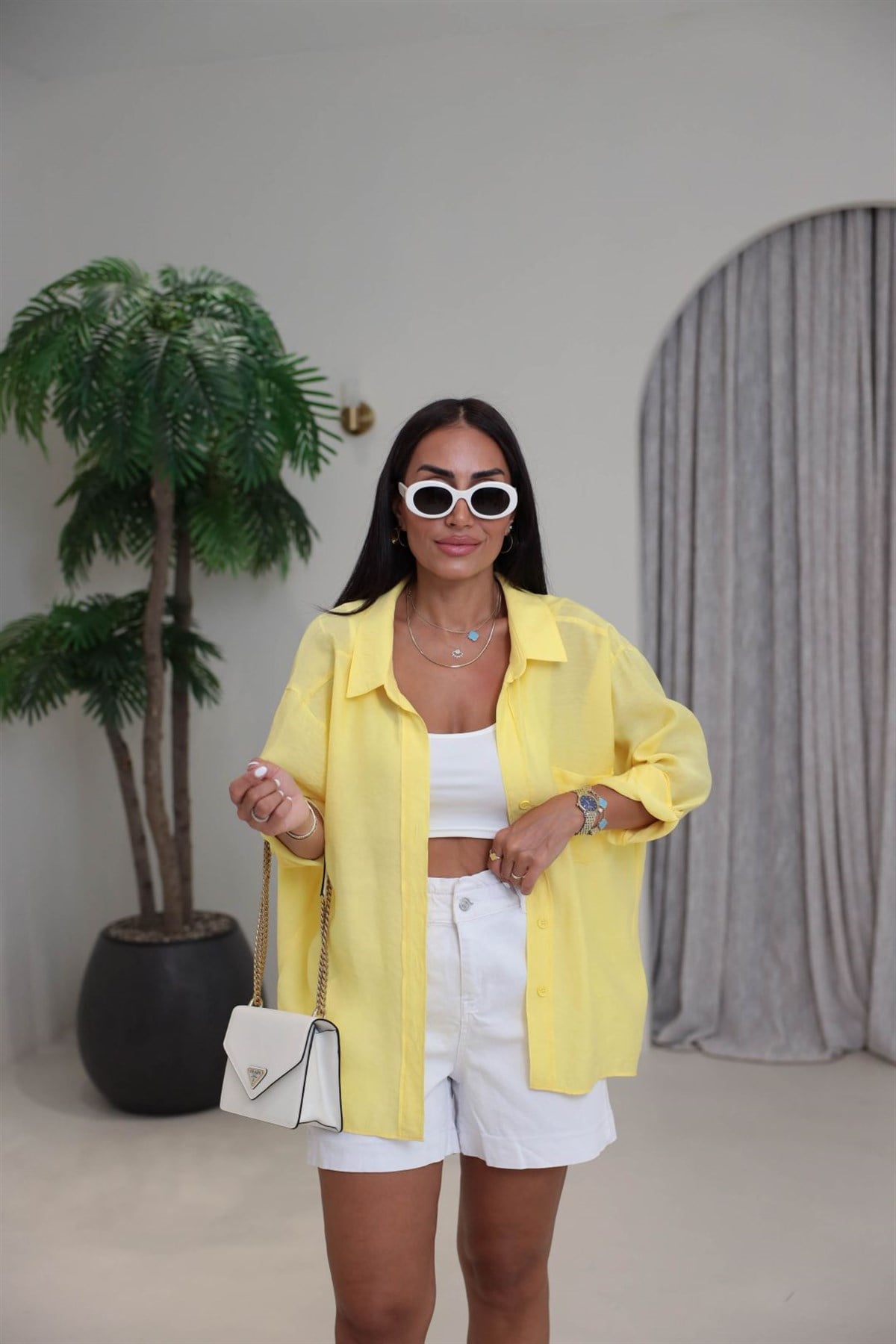 4612Y Tencel Omzu Düşük Oversize Gömlek Koyu Sarı