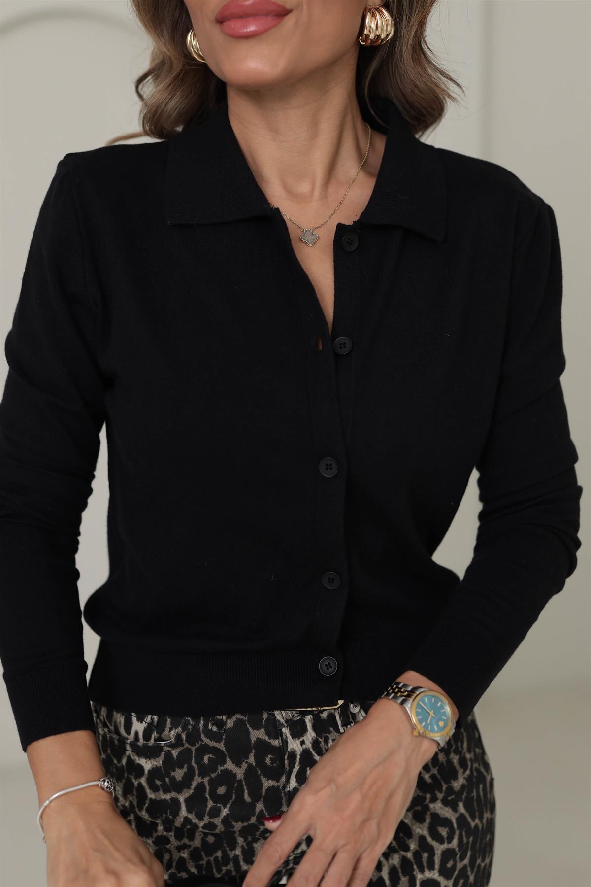 Polo Yaka Dokulu Premium Hırka SİYAH