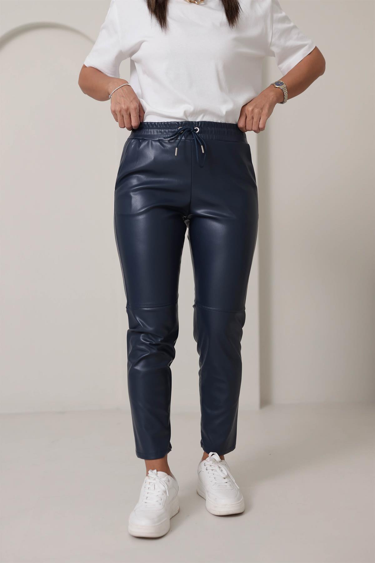 2022 Beli Lastikli Çimalı Deri Pantolon LACİVERT