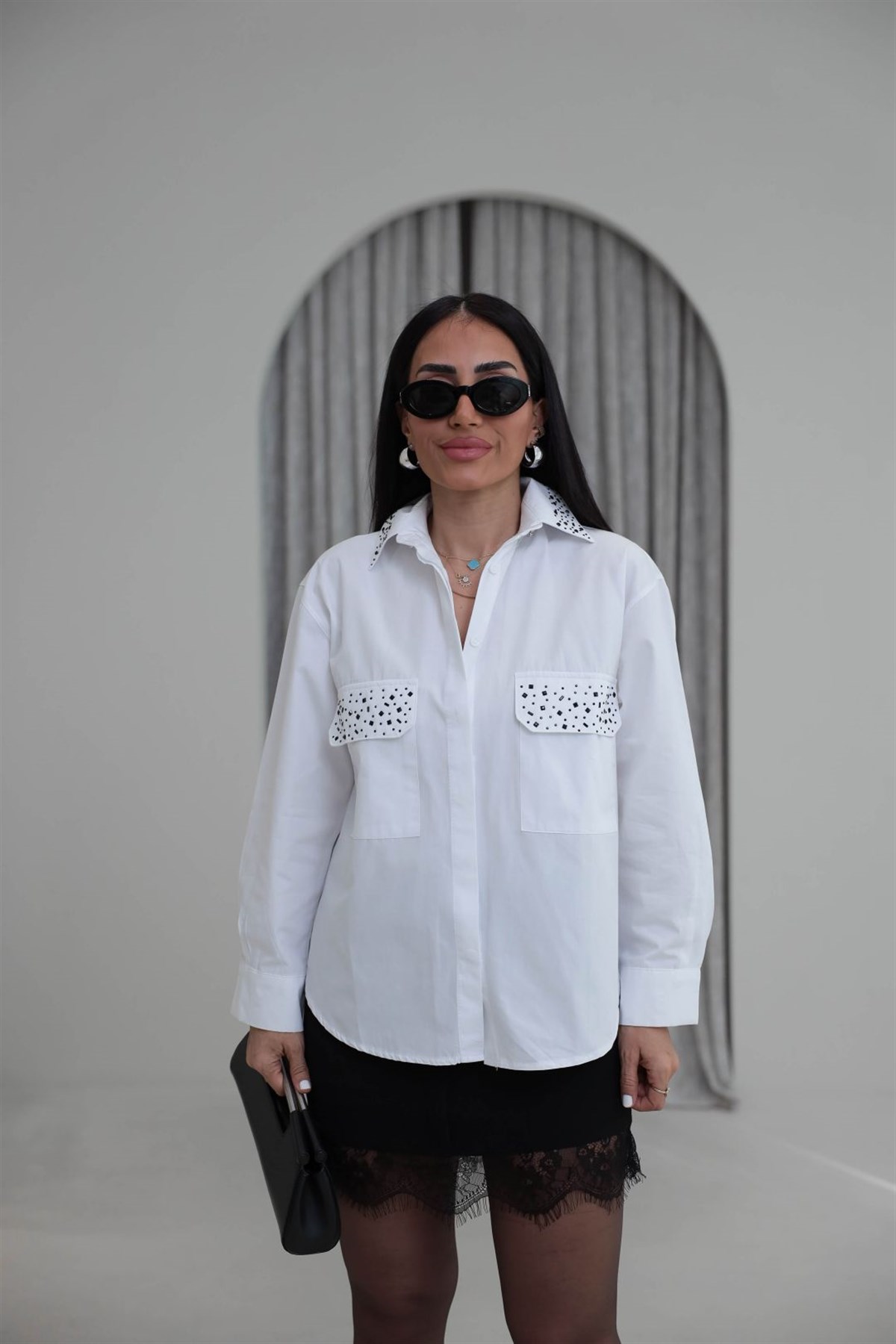 3605 Yakası Taş İşlemeli Poplin Gömlek BEYAZ