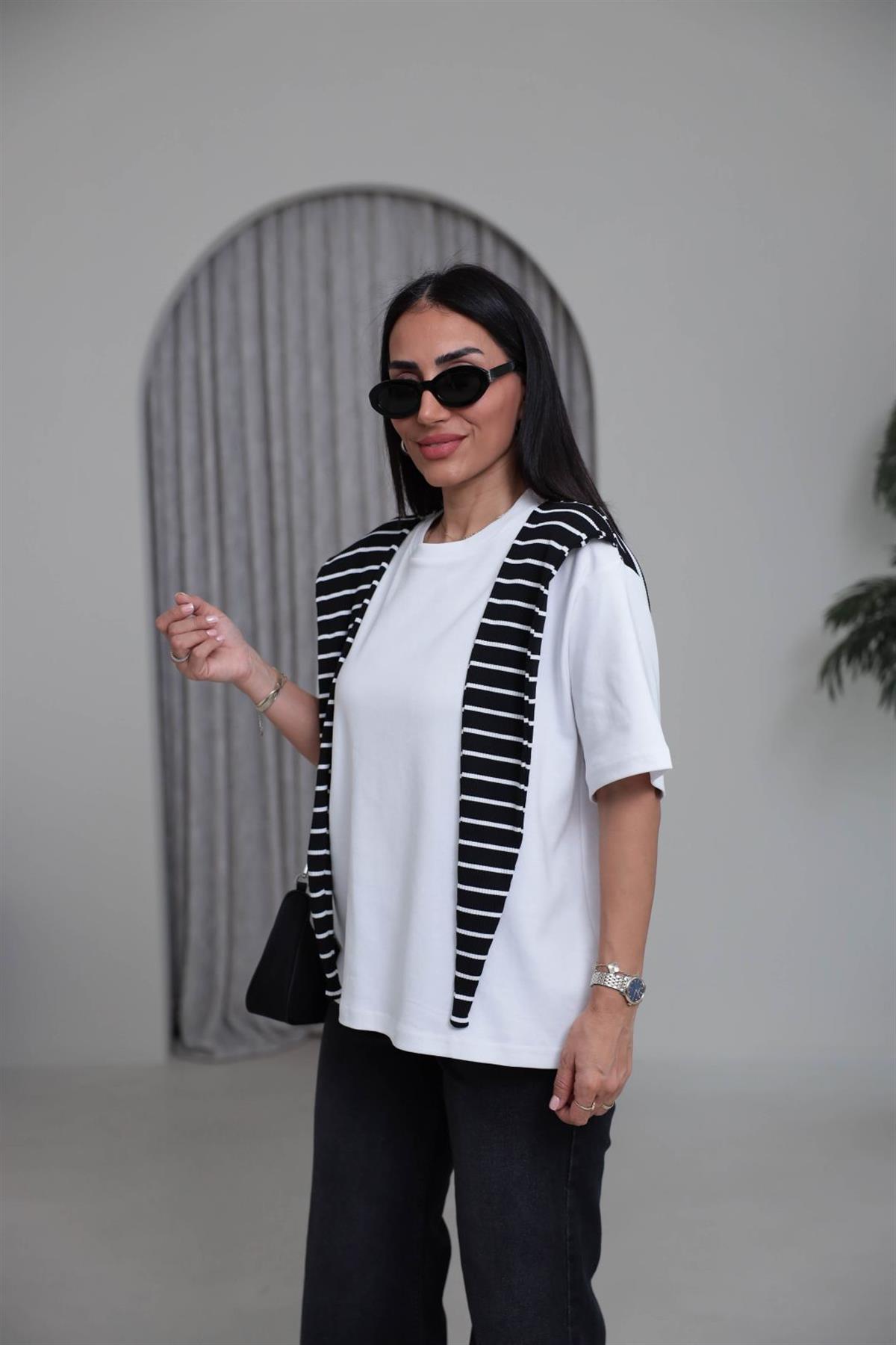 0688 Atkı Detaylı Çizgili Tshirt BEYAZ