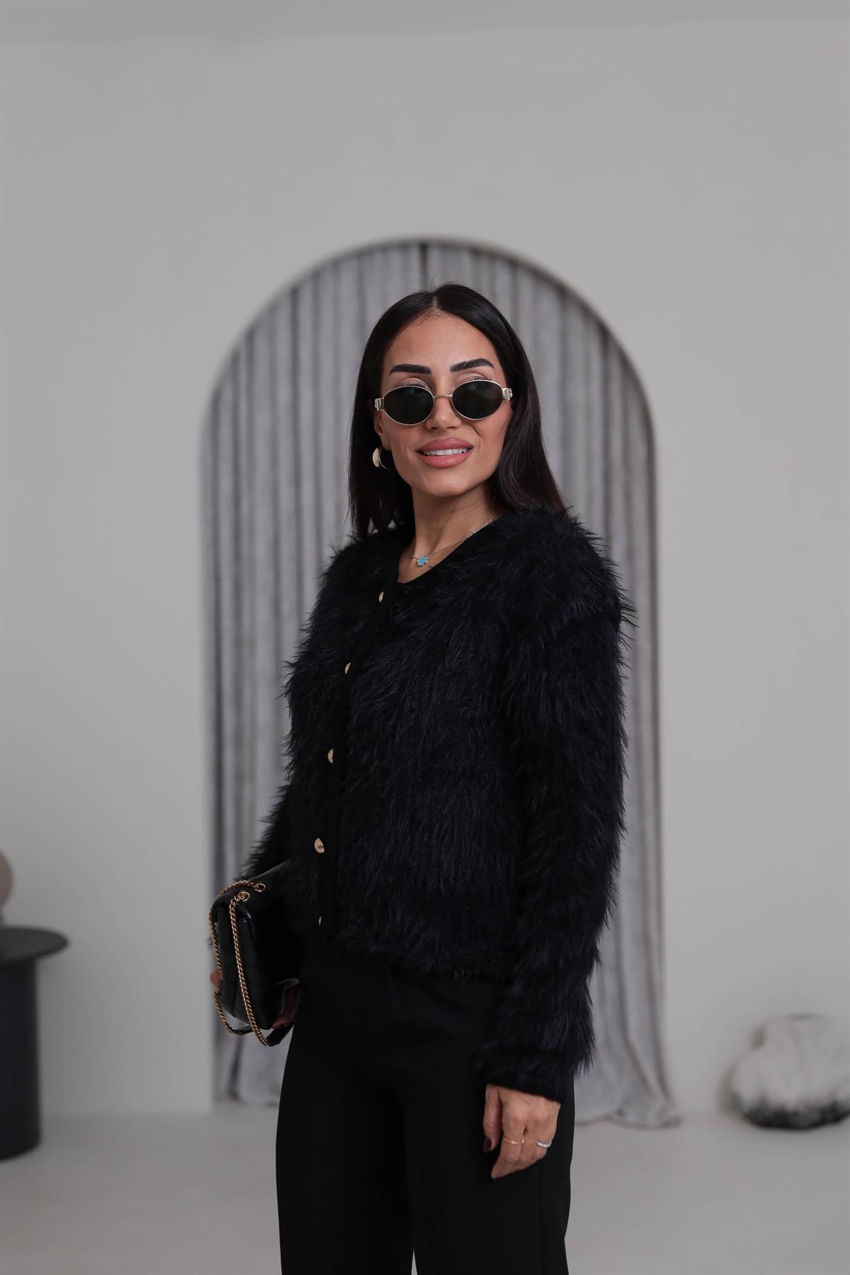 4938 Gold Düğme Detaylı Sakalı Hırka SİYAH