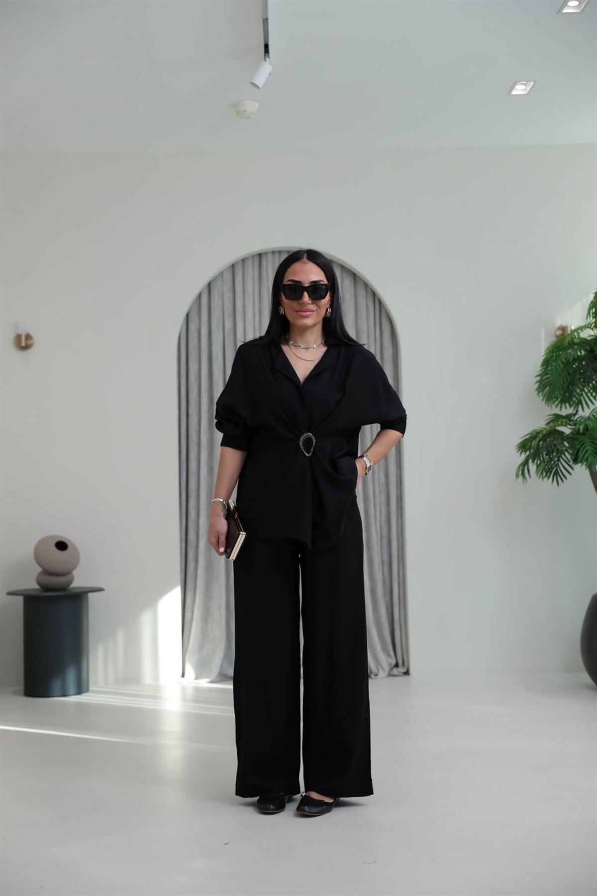 7091 Broş Detaylı Gömlek Pantolon Takım SİYAH