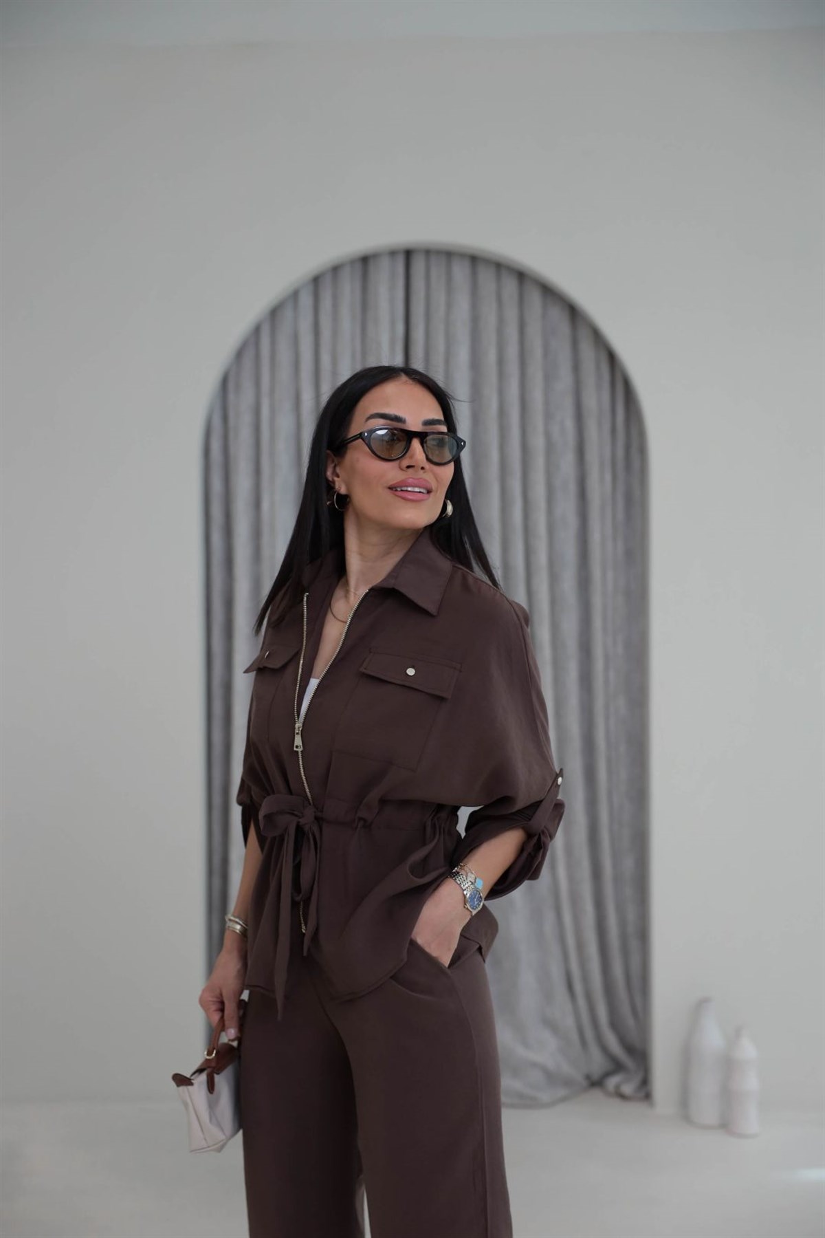 1003 Cep Kapaklı Fermuarlı Bel Büzgülü Modal Tencel Takım KAHVE