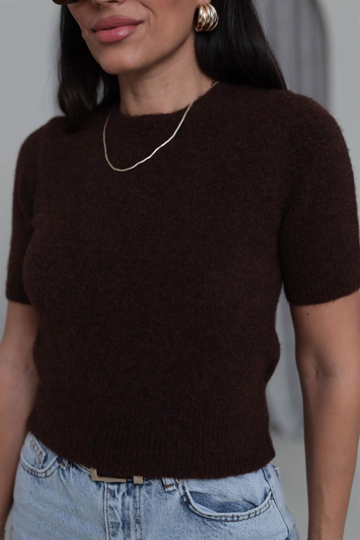 0651 Bisiklet Yaka Yumuşak Dokulu Kısa Kol Triko Kazak KAHVE