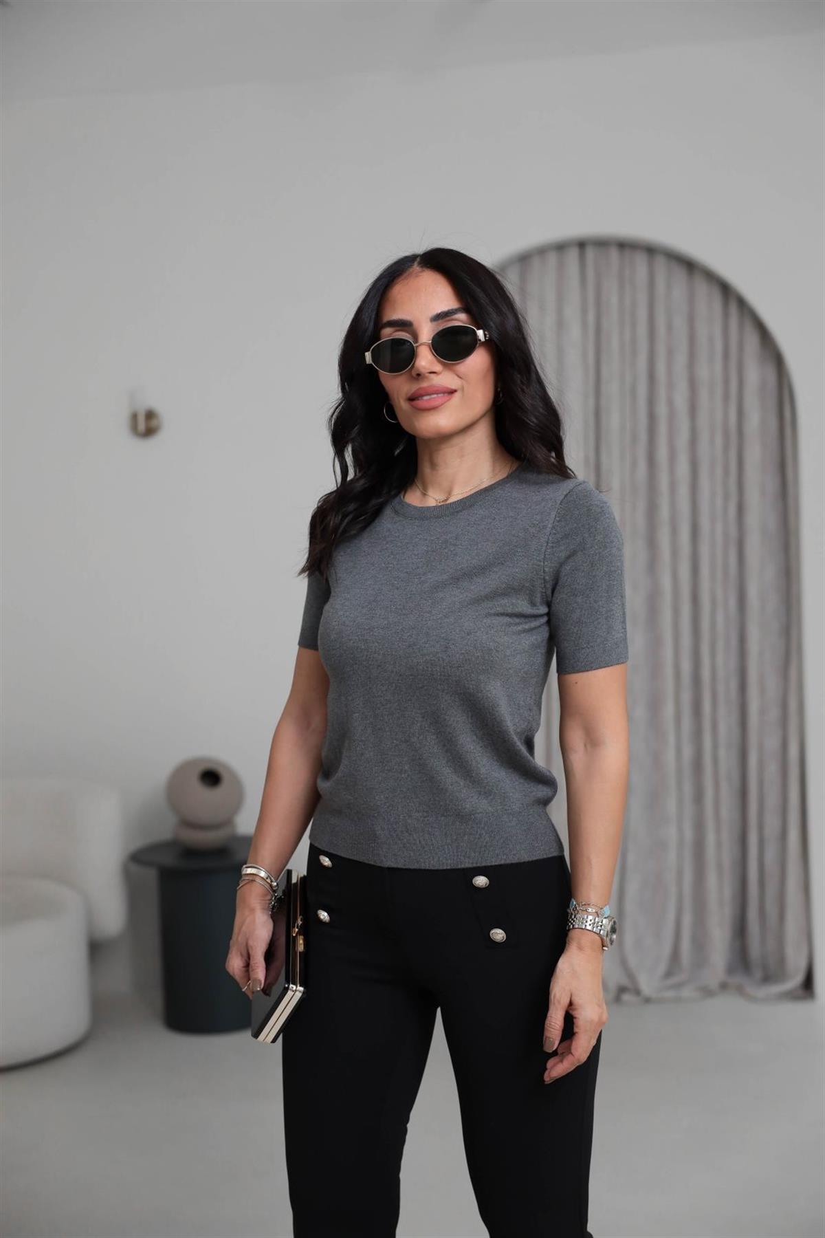 0779 Bisiklet Yaka Kısa Kol Basic Triko Bluz KOYU GRİ