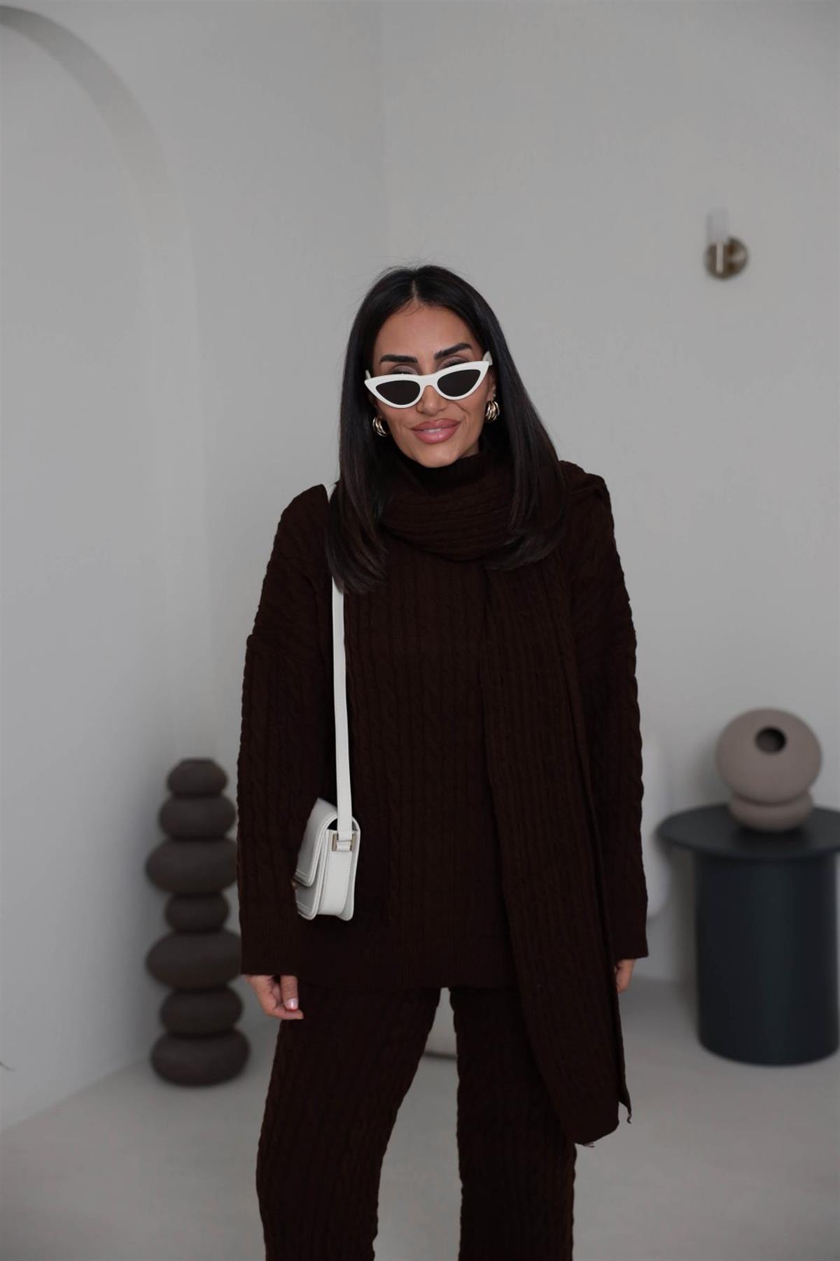 2464 Şal Detaylı Üçlü Triko Takım KAHVE