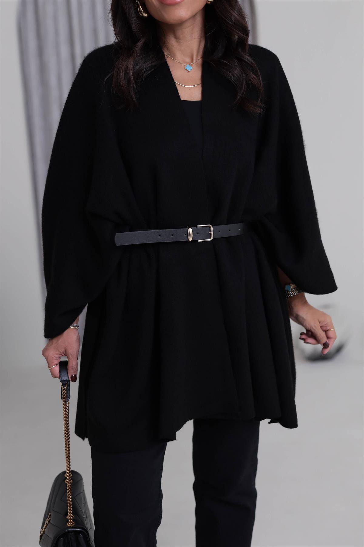 6840 Kemerli Triko Panço Şal SİYAH