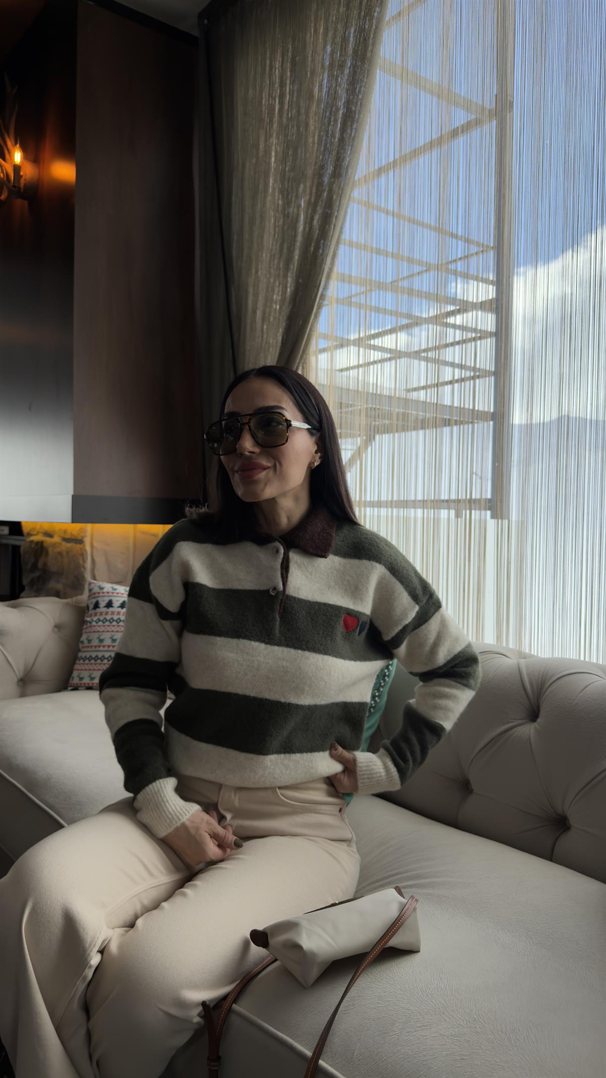 0139 Polo Yaka Düğmeli  Kalp Baskılı Triko Kazak YEŞİL