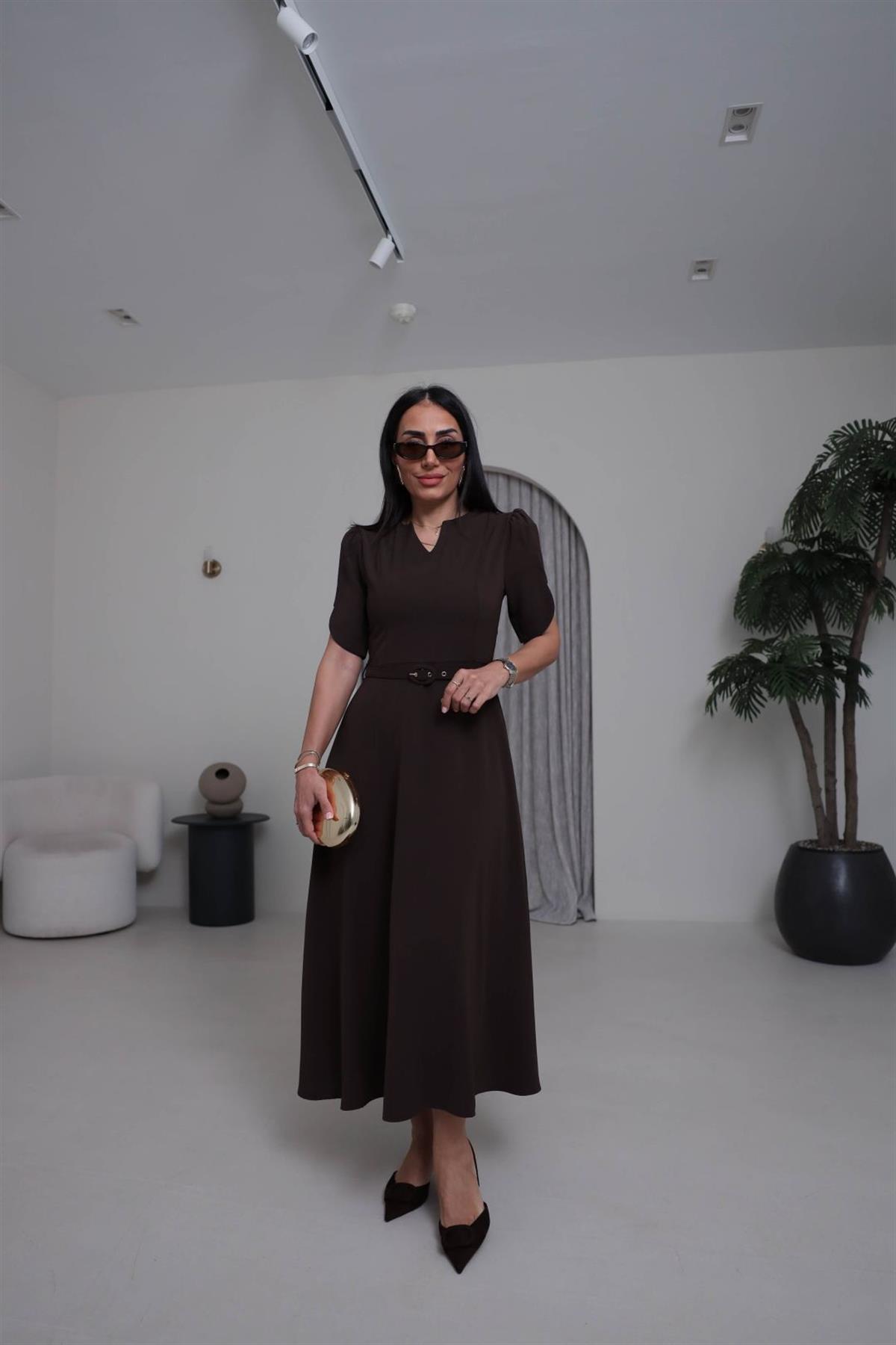 2343 Kemerli Kol Detaylı Kloş Elbise KOYU KAHVE