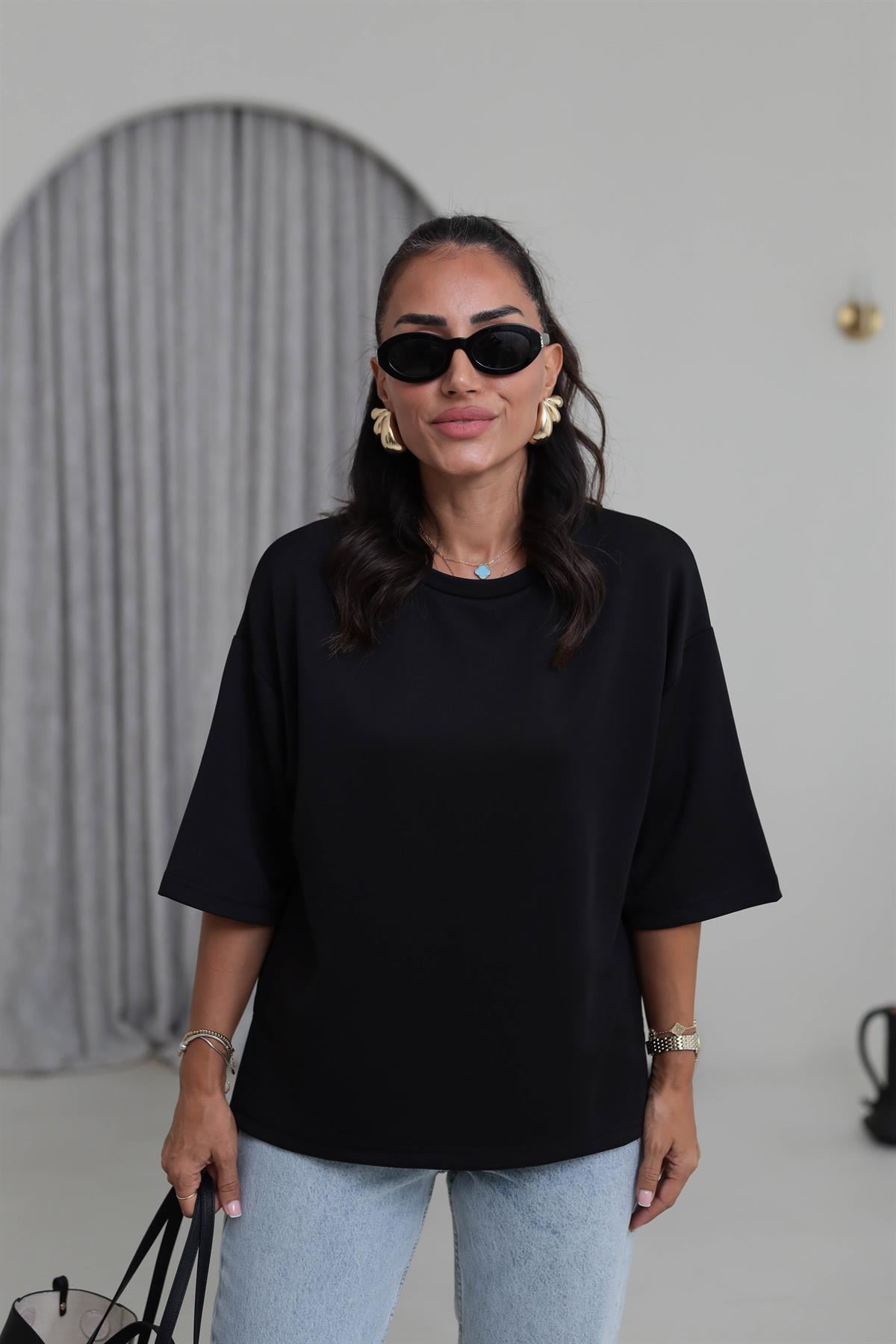 4783 Bisiklet Yaka Rahat Modal Cupra Tshirt SİYAH