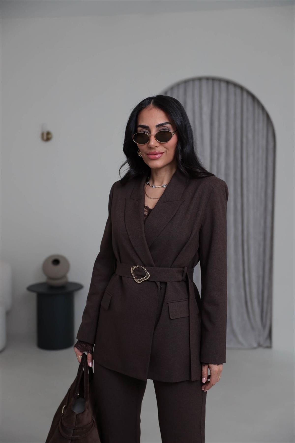 0310 Kemerli Ceketli Pantolon Takım KAHVE