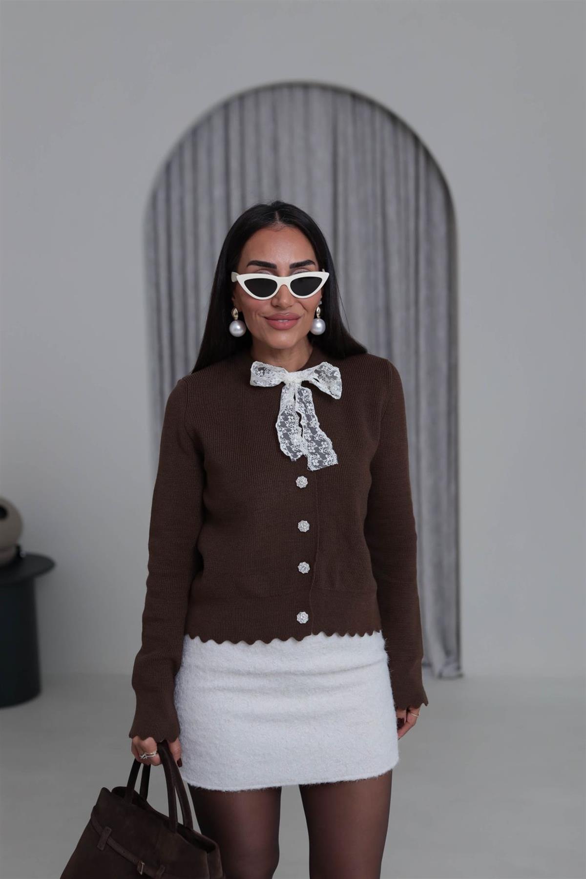 1088 Dantel Fularlı Triko Hırka ACI KAHVE