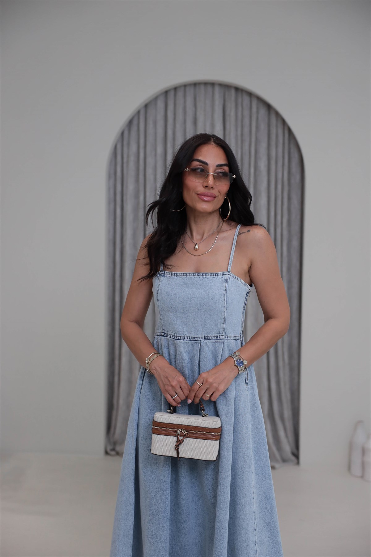 811 İp Askılı Denim Elbise BUZ MAVİ