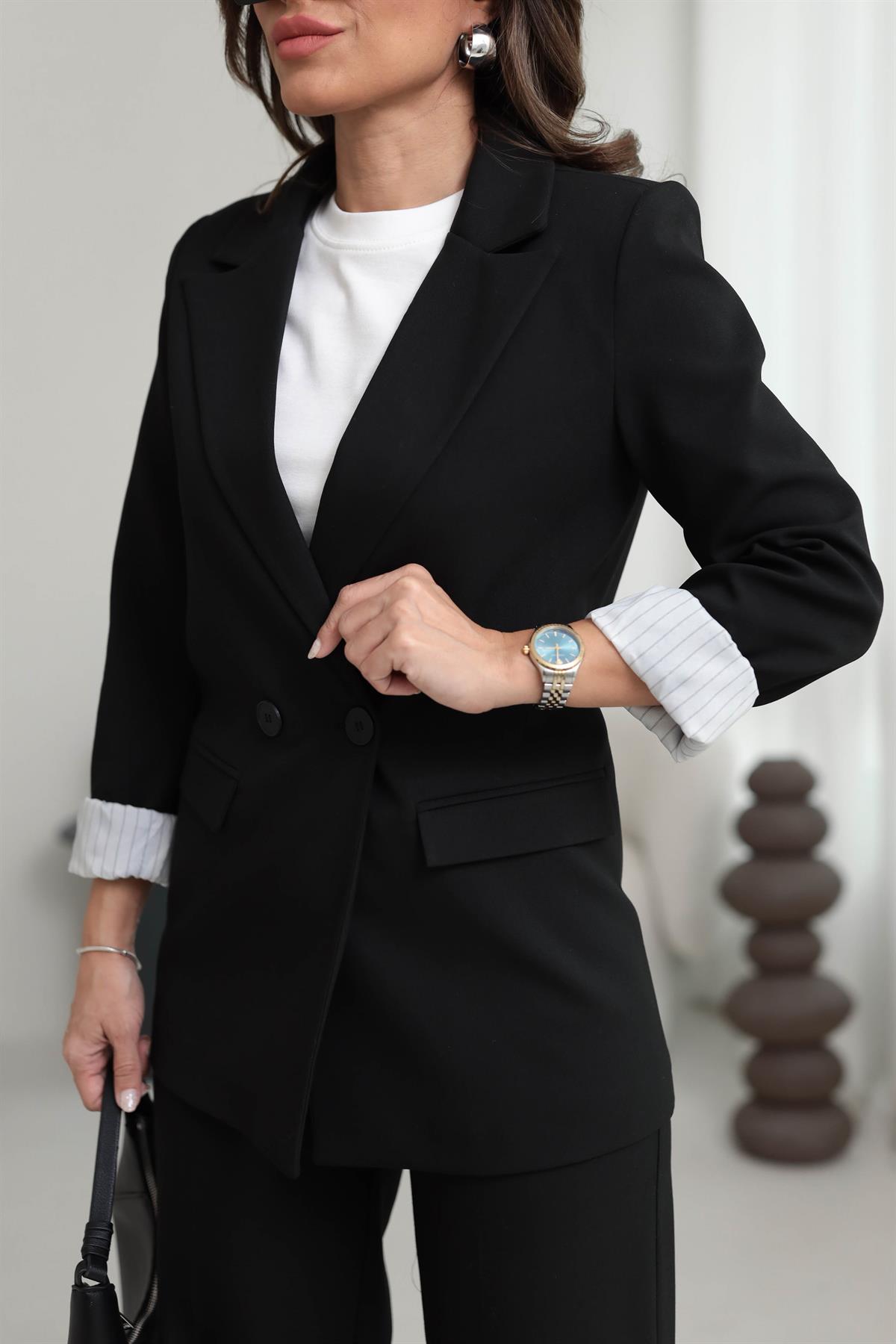 8644 Kol Katlamalı Çizgili Astarlı Premium Blazer Ceket SİYAH