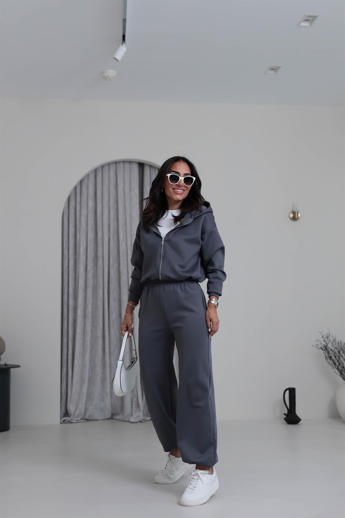 4202 Kapşonlu Büzgü Detay Scuba Takım ANTRASİT