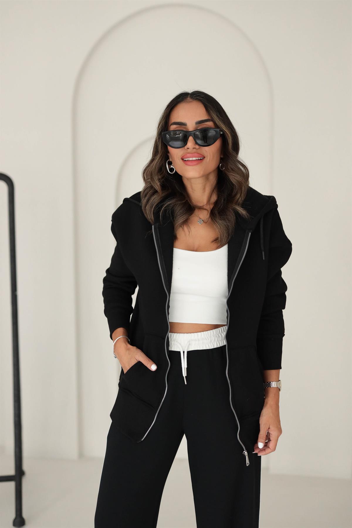 0068 Kapşonlu Fermuarlı Sweatshirt SİYAH