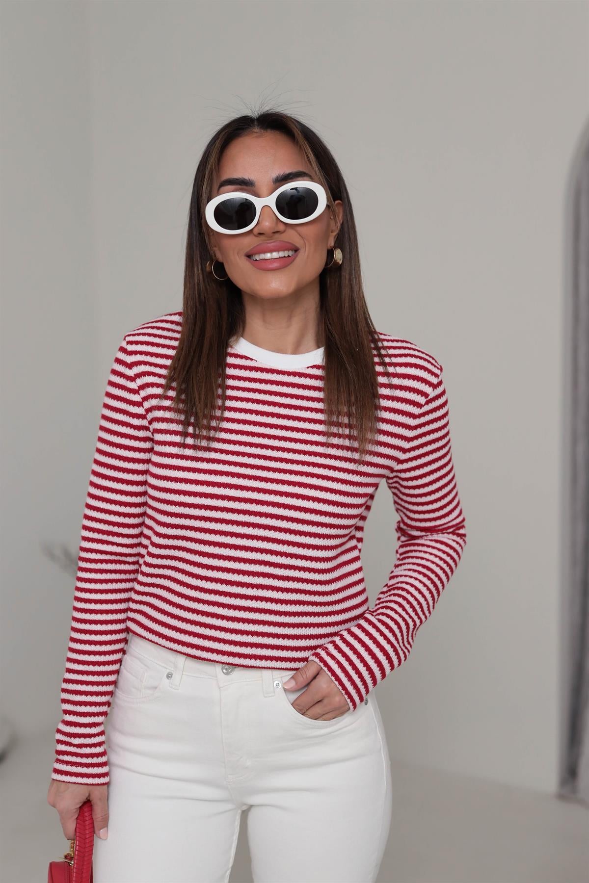 3090 Çizgili Bisiklet Yaka Triko Bluz KIRMIZI