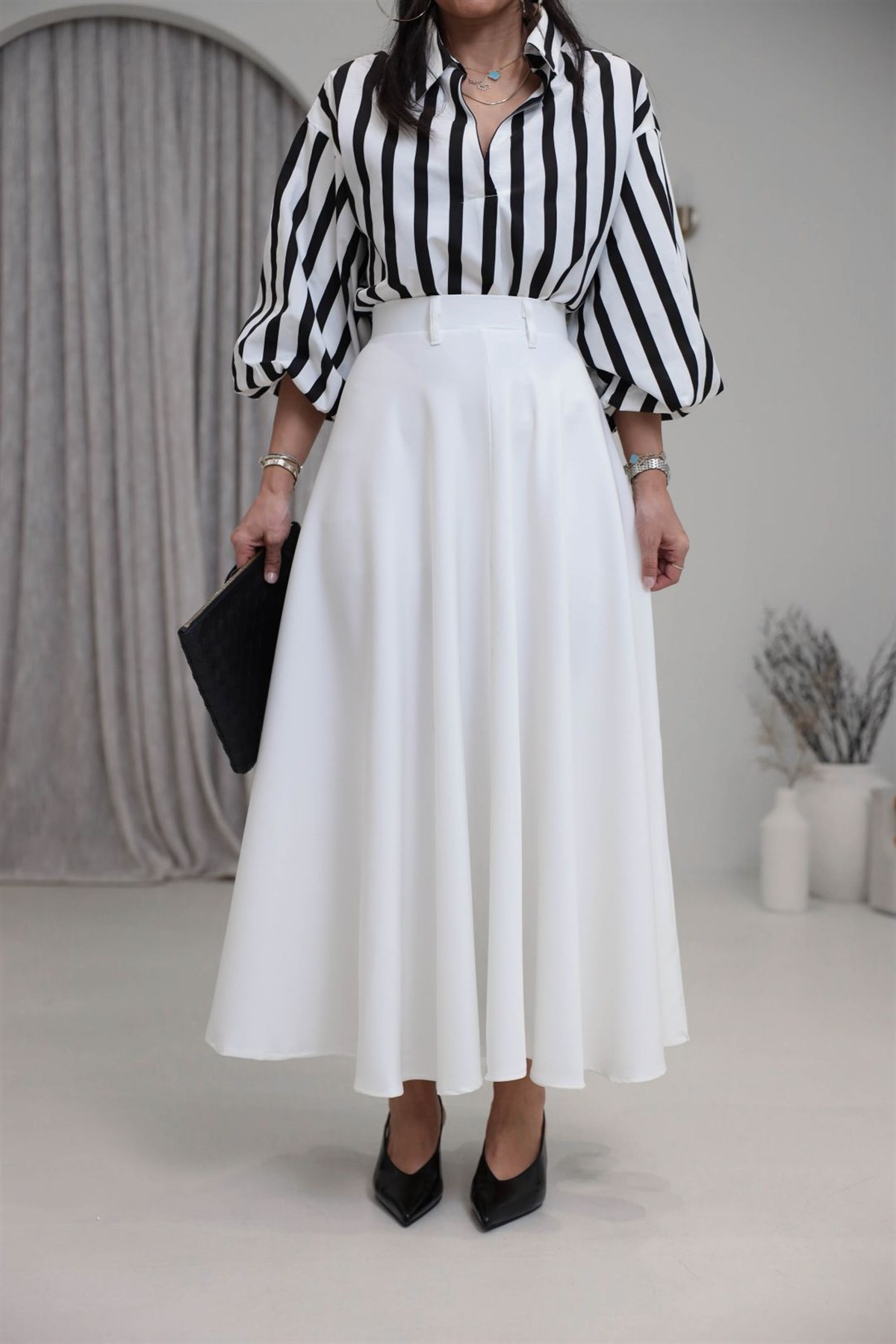 2052 Yandan Fermuarlı Kloş Etek EKRU