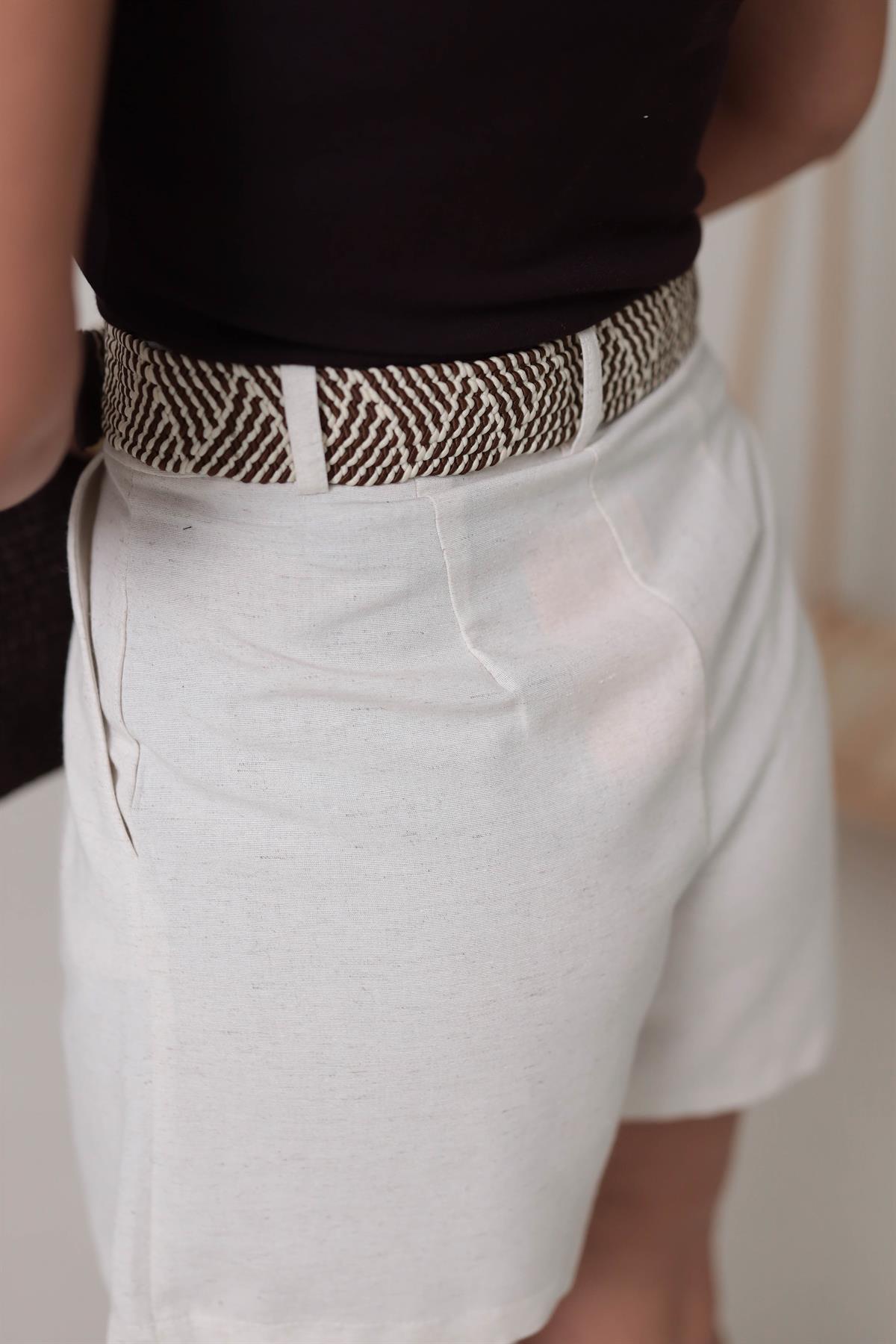 0317 Kemerli Rahat Keten Şort NATURAL