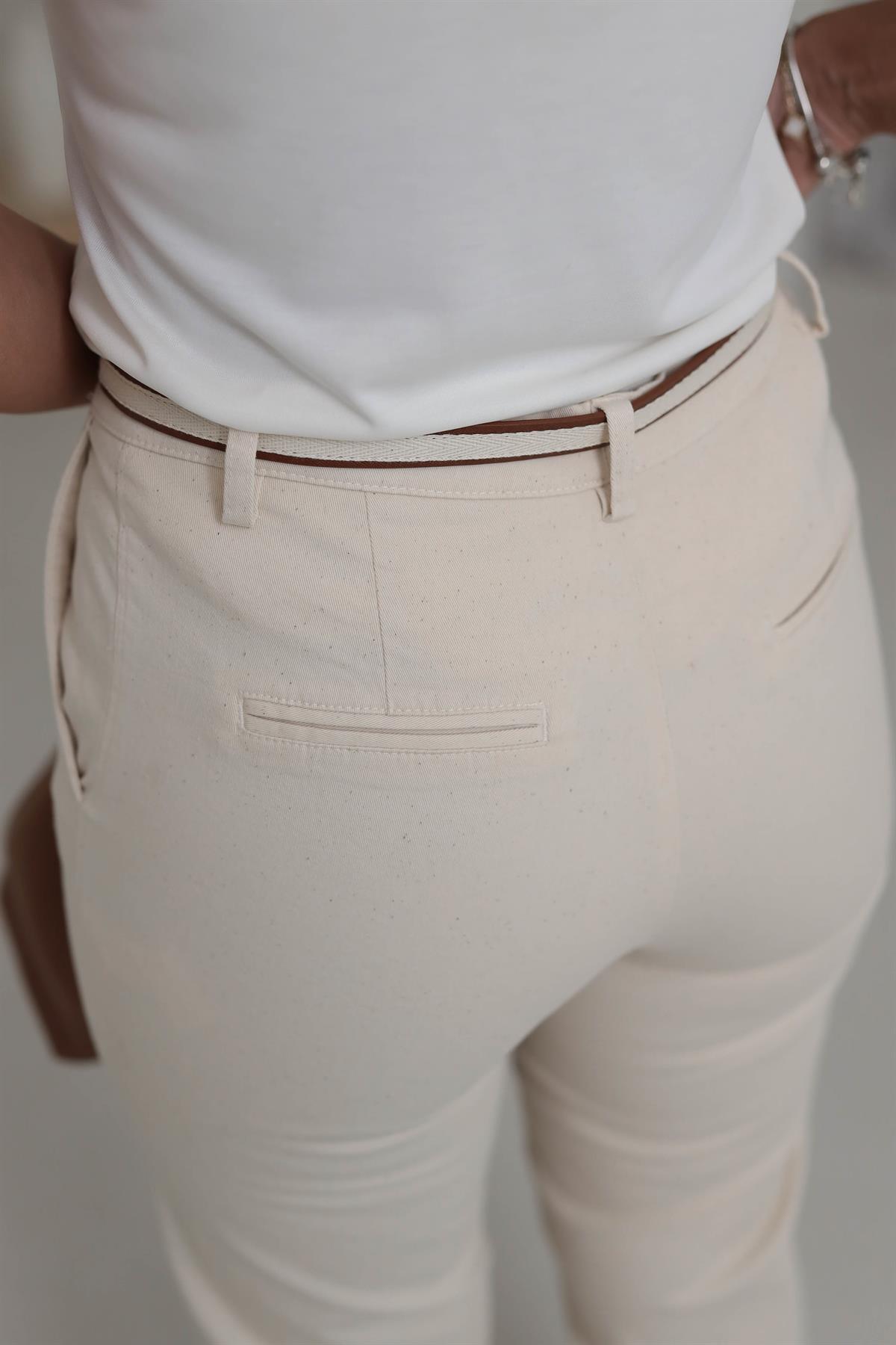 1651 Kemerli Pamuklu Likralı Chino Pantolon TAŞ