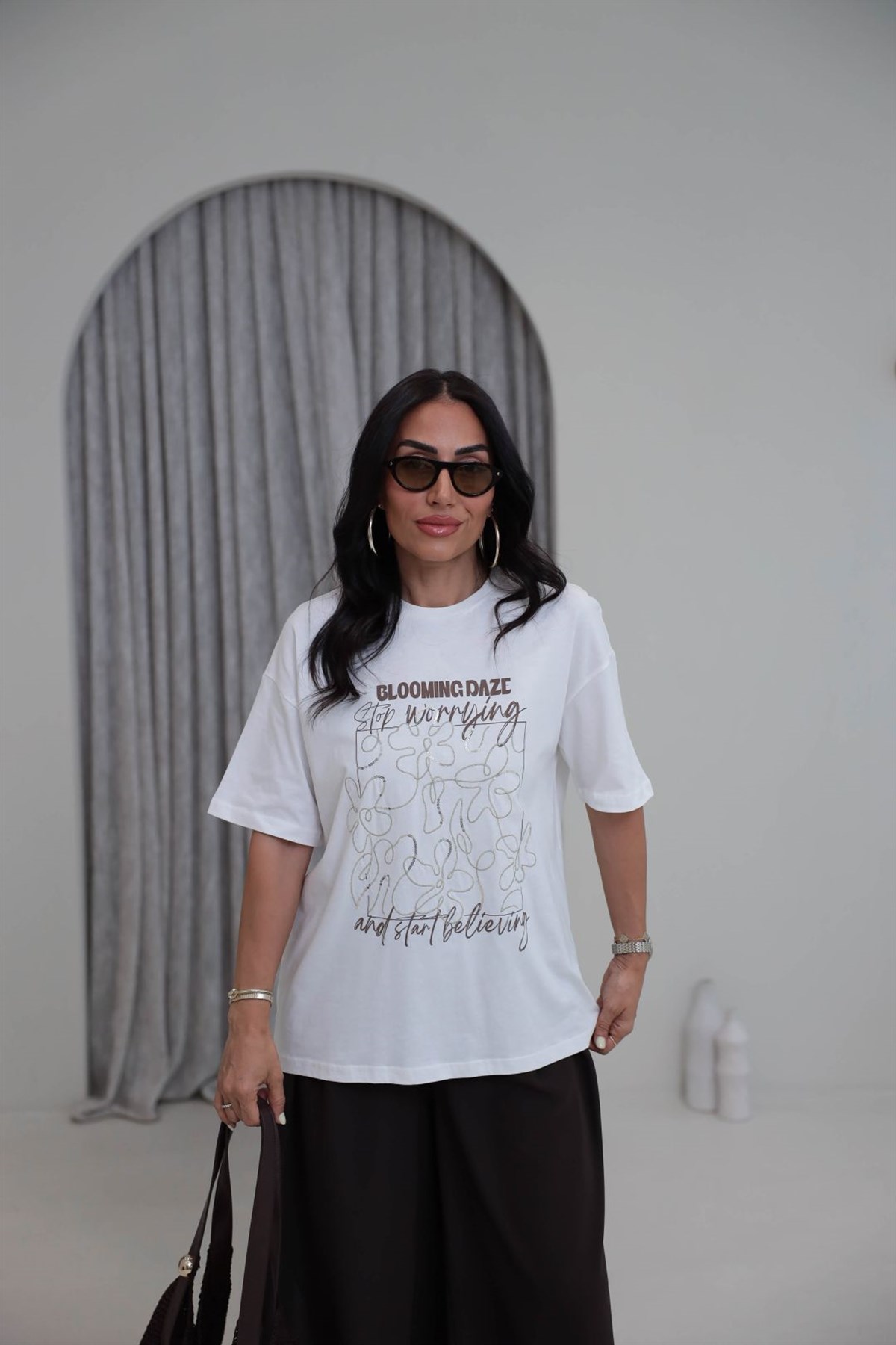 2189 Blooming Yazılı Pamuklu Rahat Tshirt EKRU