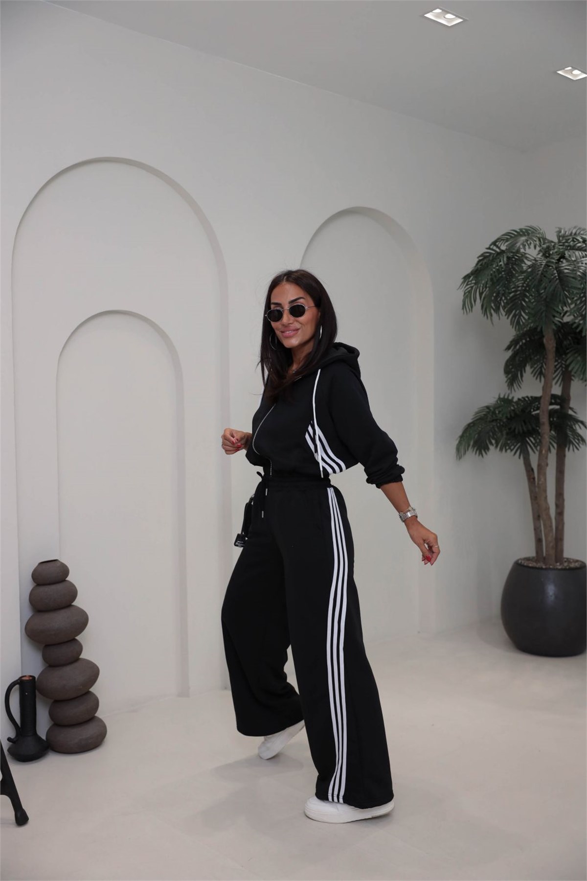 4285 Şerit Detaylı Fermuarlı Sweat Pantolon Takım SİYAH