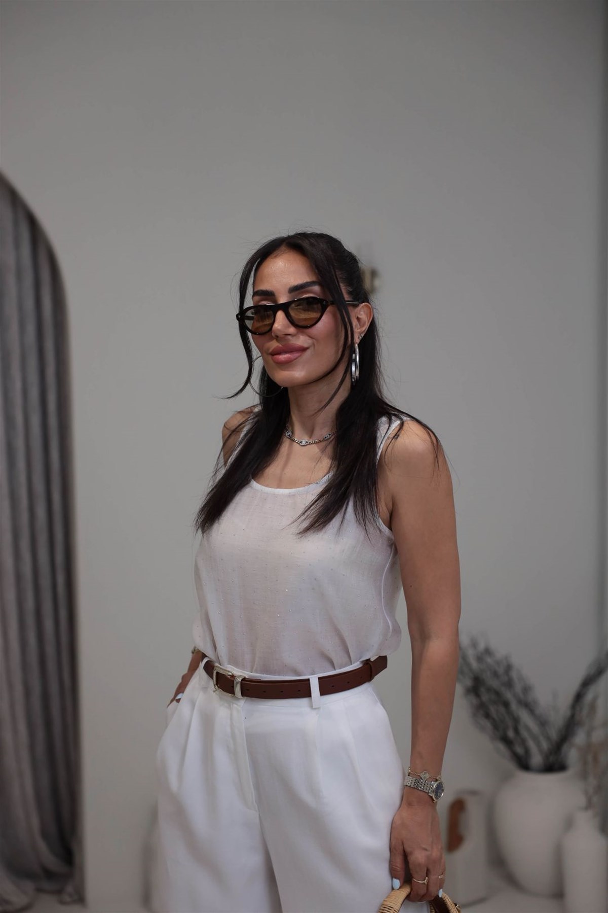 8241 Kalın Askılı Serpme Taşlı Tencel Atlet EKRU